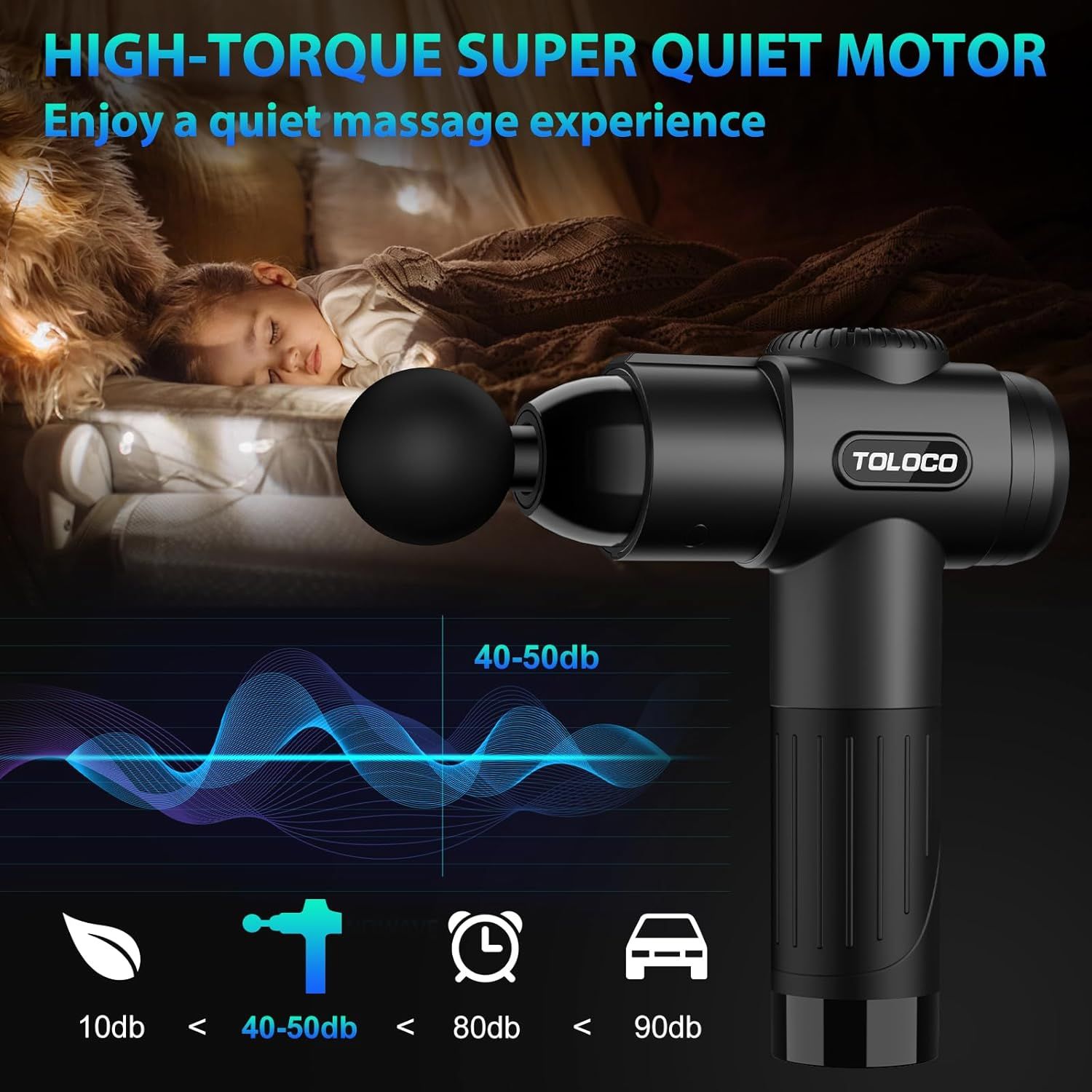Highlights the massage gun's quiet operation at 40-50db, comparing it to everyday sounds to reassure shoppers they can enjoy a peaceful massage experience without disturbing others. Communicates the…