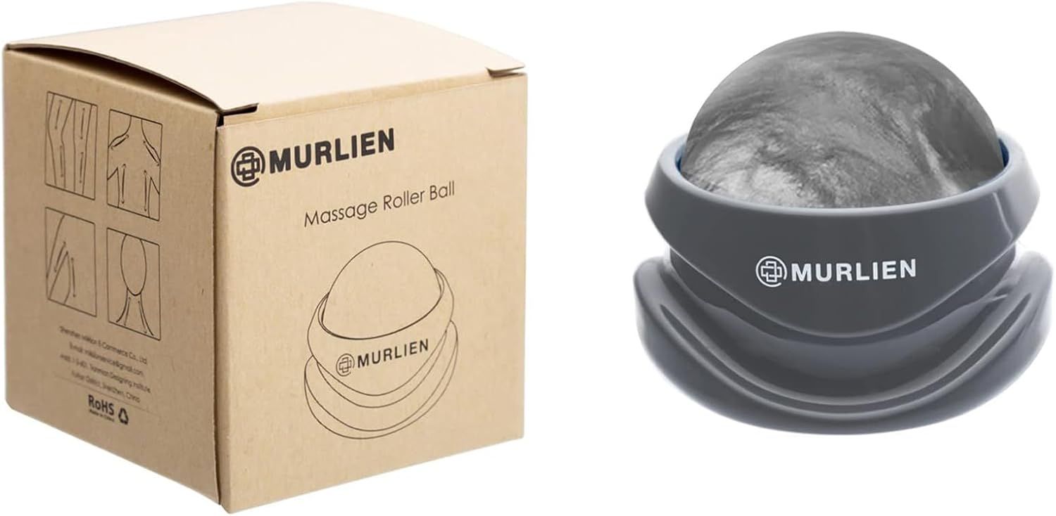 Shows the customer what they receive when purchasing: the massage roller ball product alongside its eco-friendly branded packaging box.