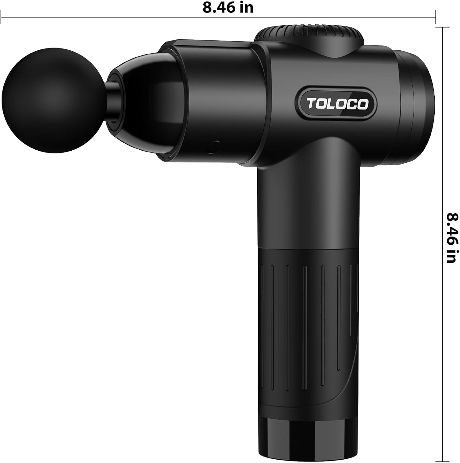 Communicates the exact physical size of the massage gun to help shoppers understand how compact and portable it is.