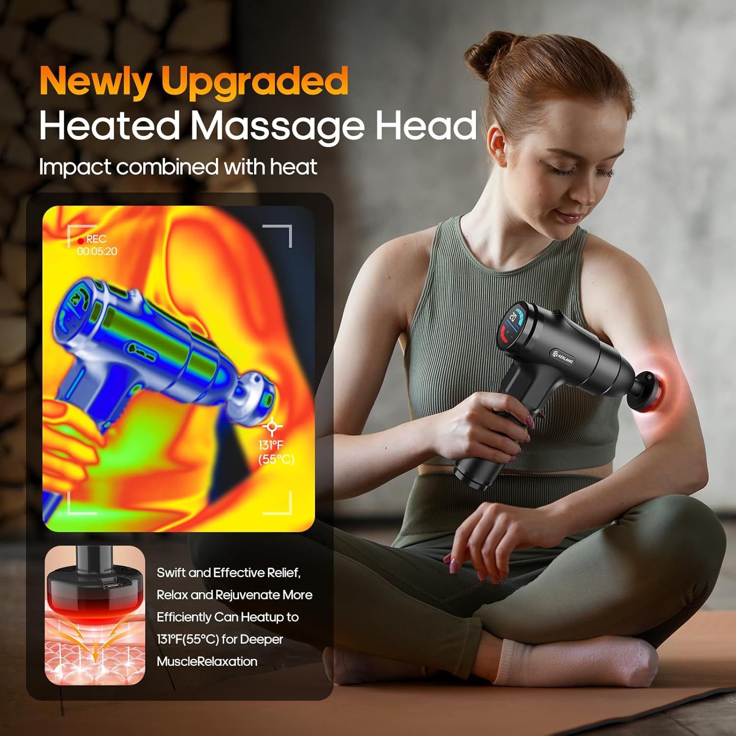 Communicates the specific heating capability of the upgraded massage head to demonstrate the product's enhanced therapeutic effectiveness and deep muscle relaxation benefits. Highlights the newly…
