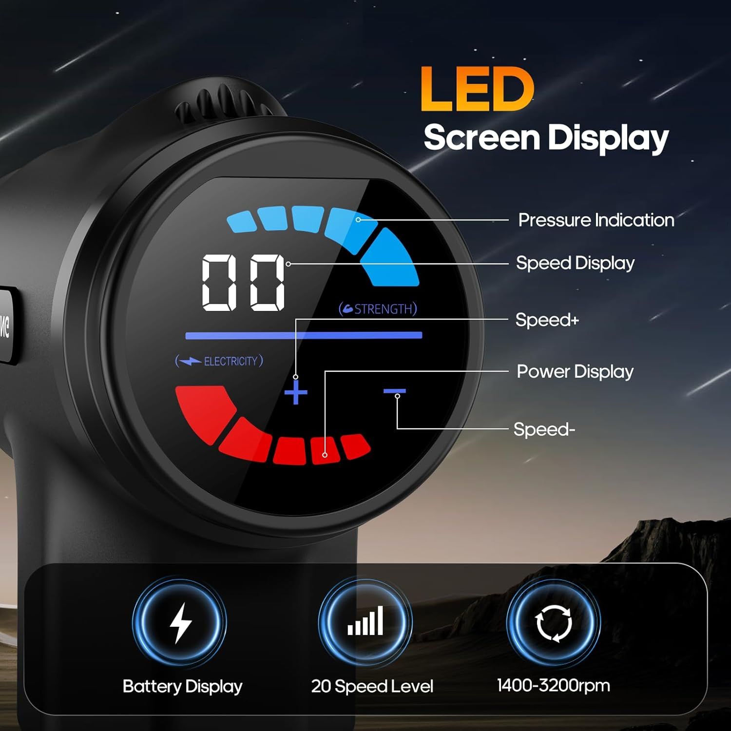 This image breaks down the LED screen interface of the product, labeling each display element (pressure, speed, power, etc.) to help shoppers understand how to read and interpret the device's…