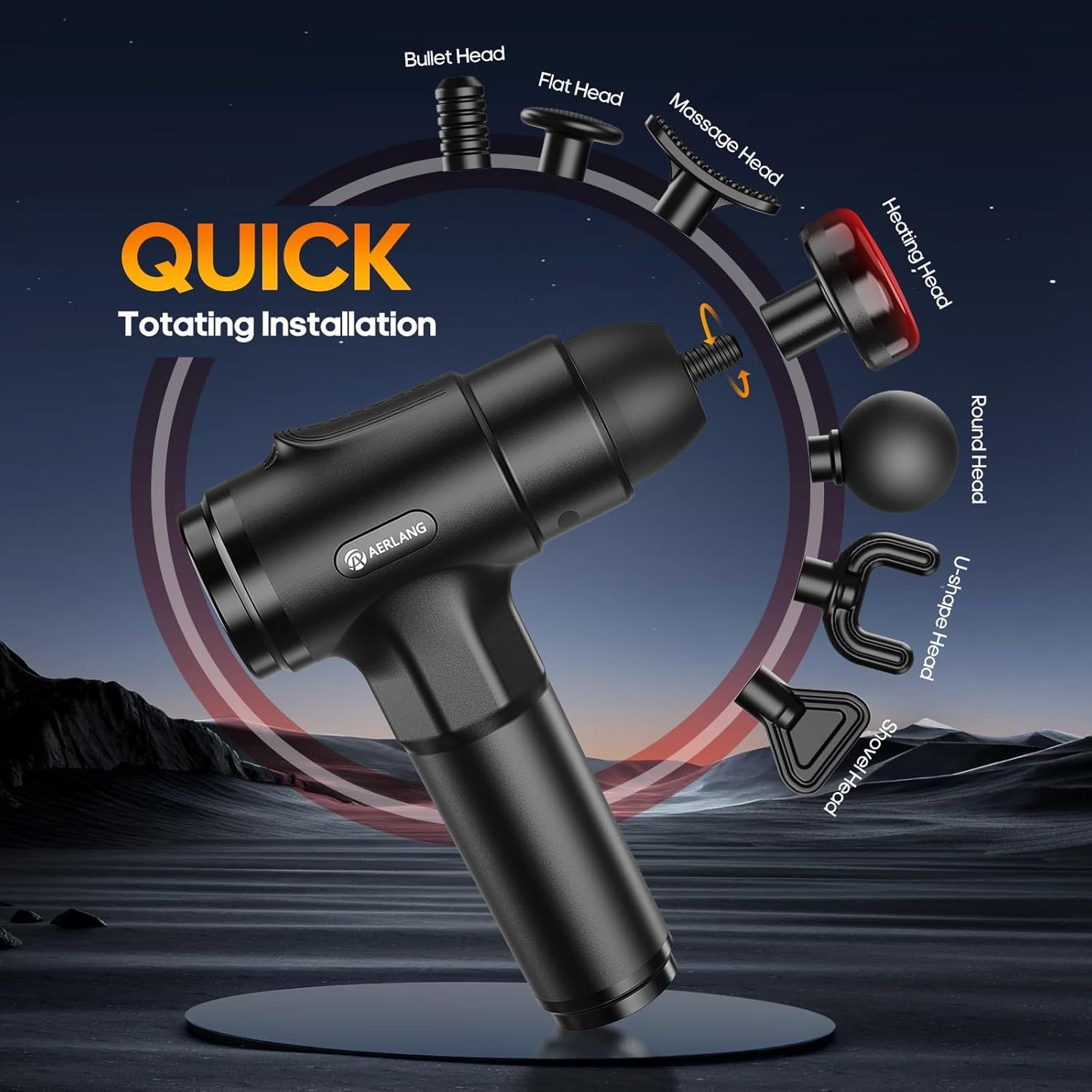 Shows all the interchangeable massage head attachments included with the massage gun and demonstrates the quick rotating installation system for easy head swapping. Demonstrates how to quickly…