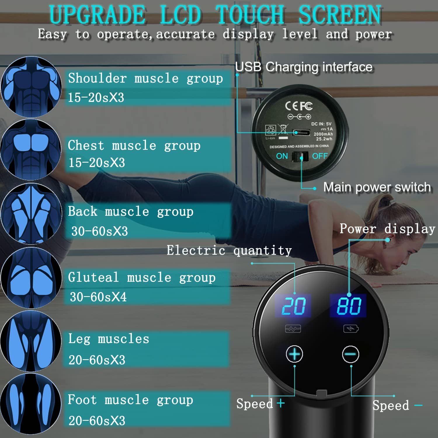 This image showcases the product's multiple features and benefits in a segmented layout, highlighting the upgraded LCD touch screen interface, various muscle group programs with specific settings,…