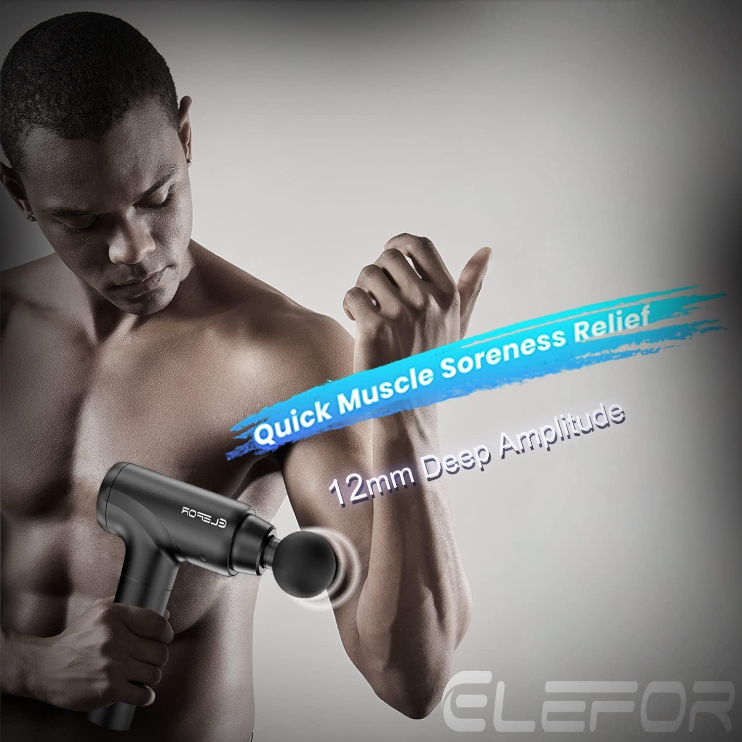 Communicates two distinct performance benefits of the massage gun: fast relief from muscle soreness and deep tissue penetration capability to reassure shoppers of its therapeutic effectiveness.