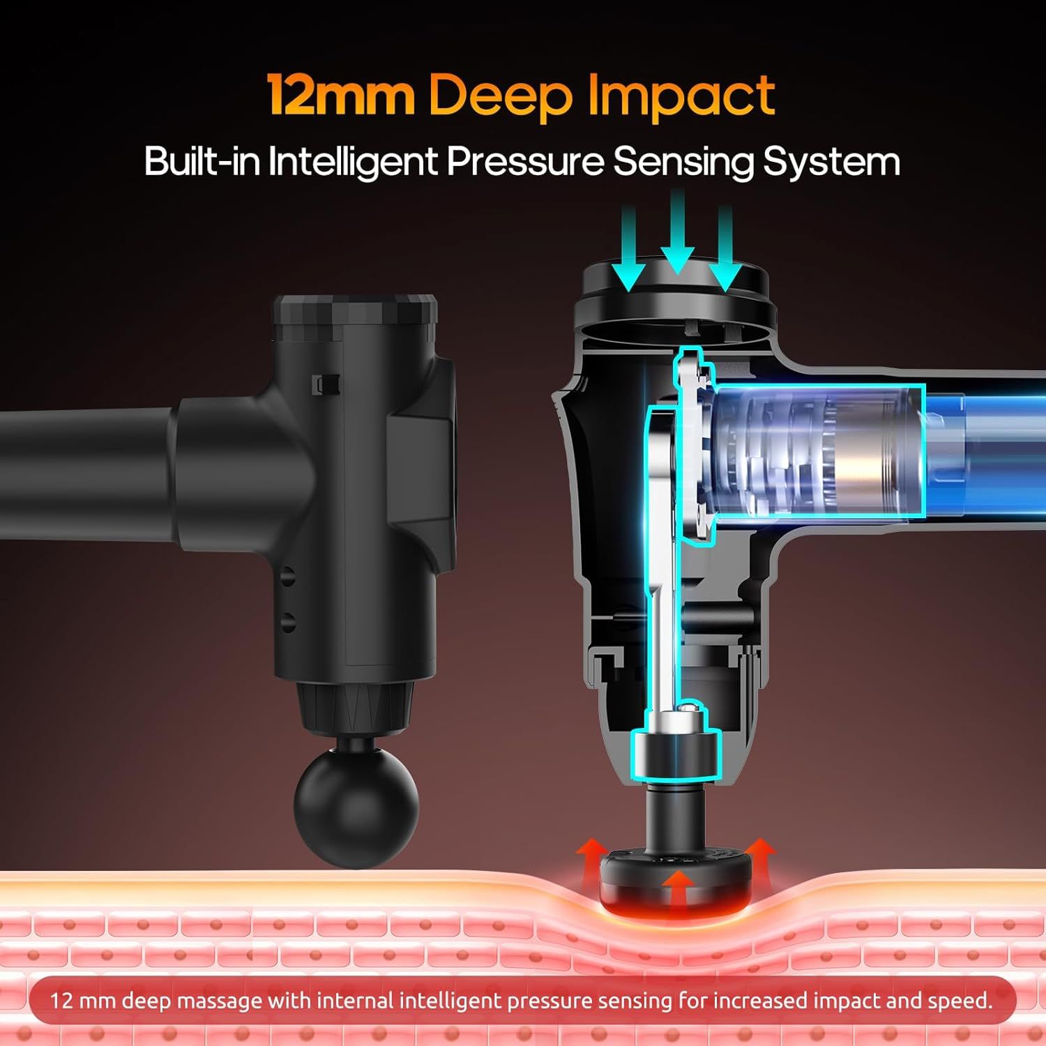 This image breaks down the internal structure and key technological components of the massage device, highlighting the 12mm deep impact mechanism and intelligent pressure sensing system to…