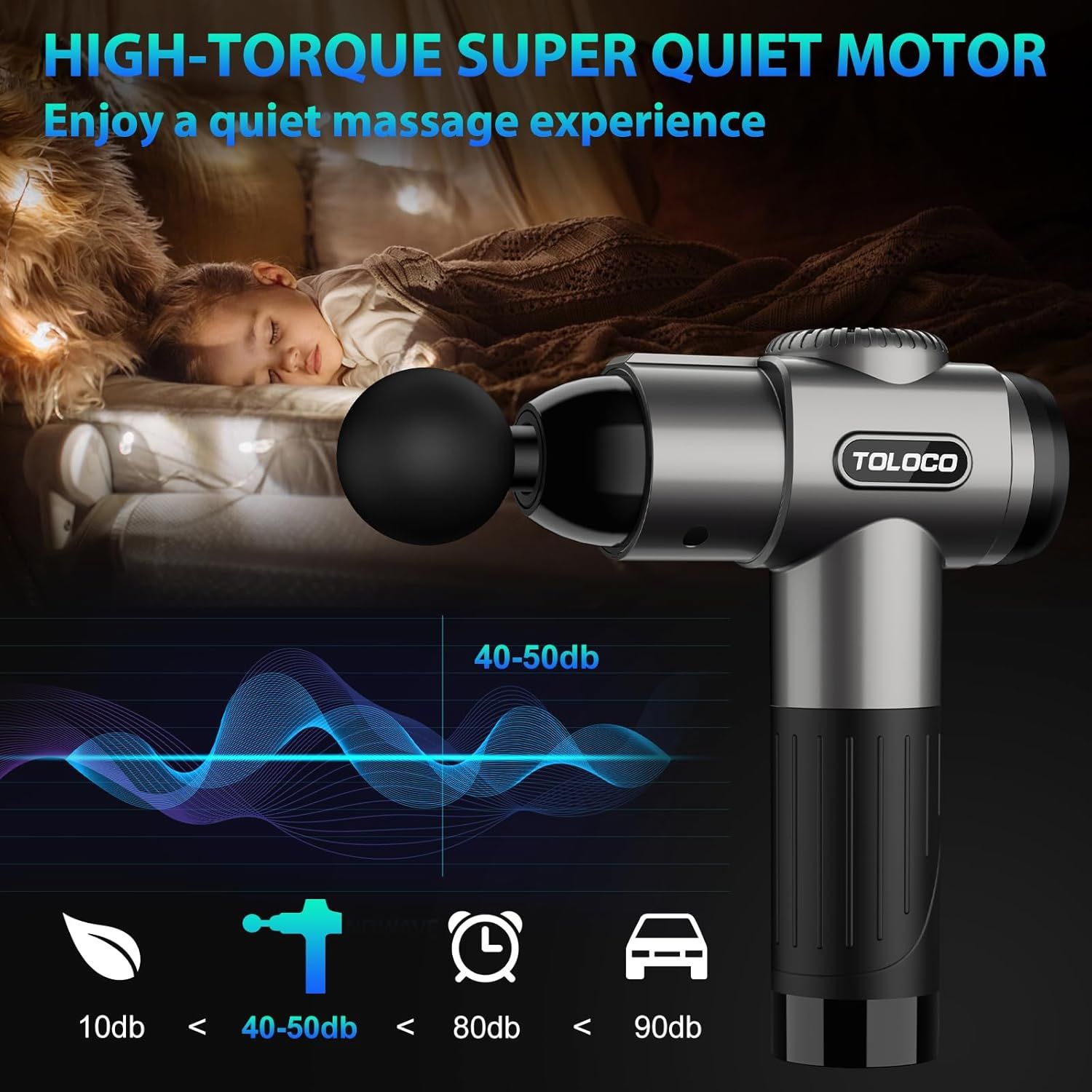 Communicates the massage gun's super quiet motor performance with a specific decibel measurement (40-50db), reassuring shoppers they can enjoy a peaceful massage experience without disruptive noise.…