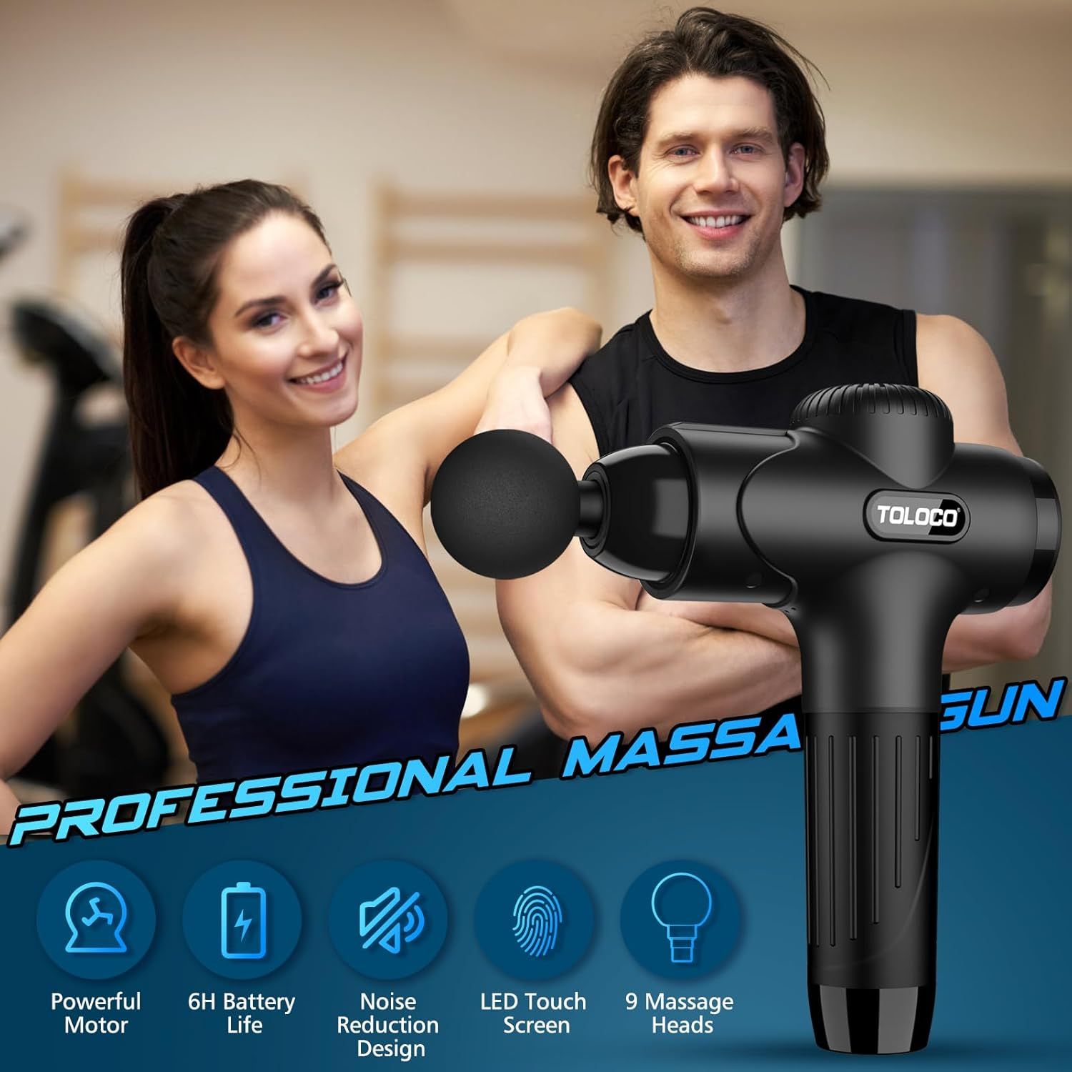 Showcases five distinct selling benefits of the massage gun in a segmented layout to communicate versatility and professional-grade features.