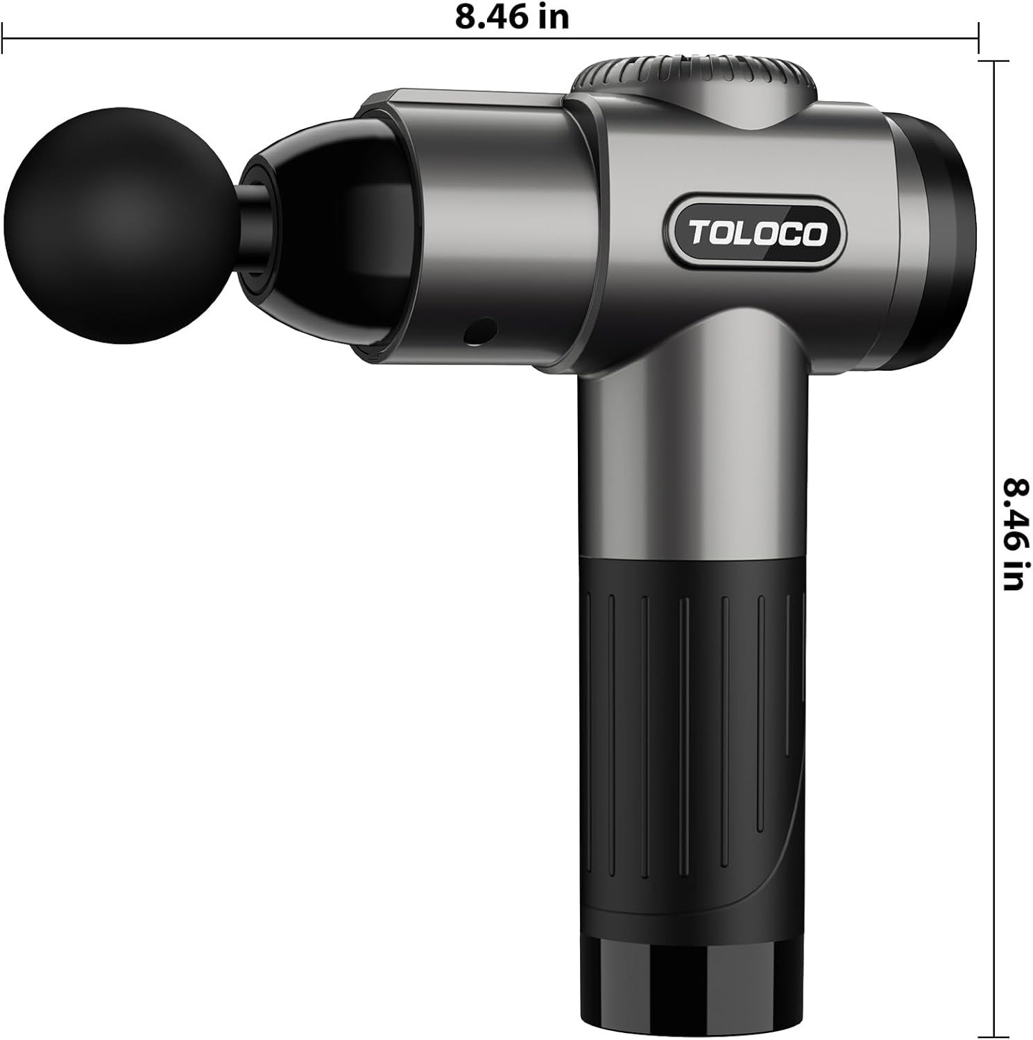 Communicates the exact physical size of the massage gun to help shoppers understand how compact and portable the device is.