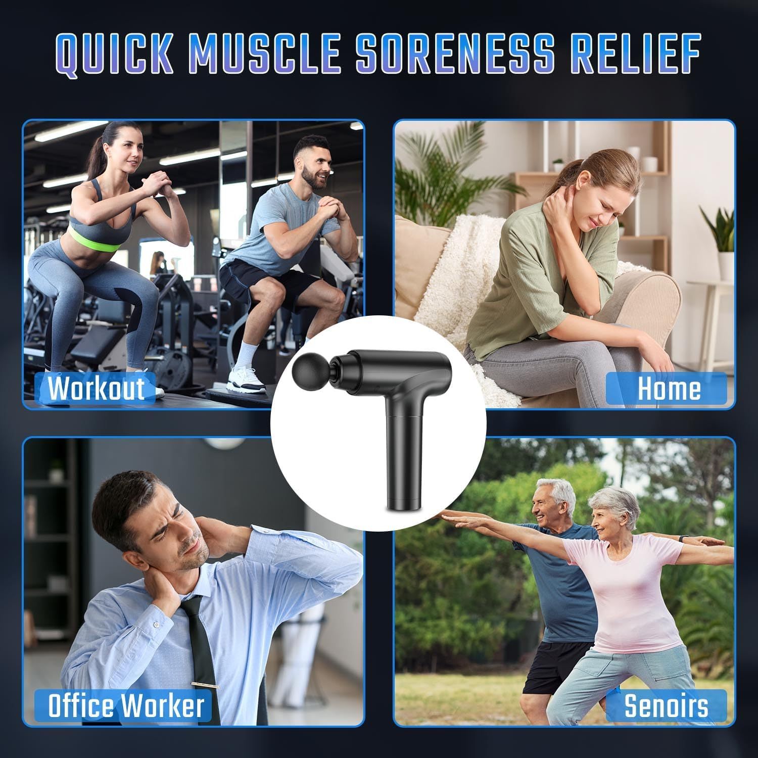 Demonstrates the versatility of the massage gun by showing it can be used across four different scenarios and user types, from gym workouts to home relaxation to office pain relief to senior fitness.