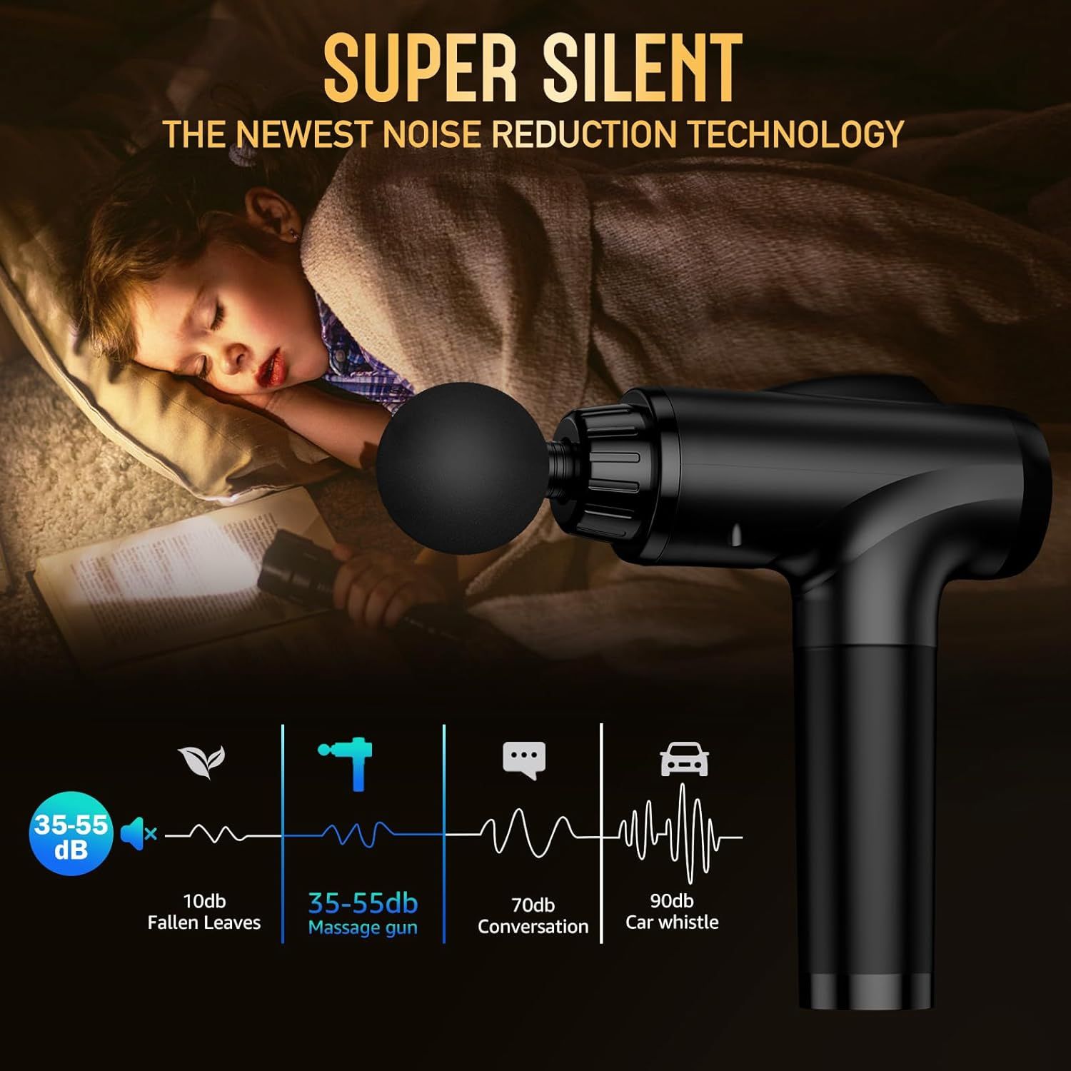 Communicates the quiet operation of the massage gun by showing its low decibel range (35-55dB) compared to everyday sounds like conversation and car whistles, reassuring shoppers it won't disturb…