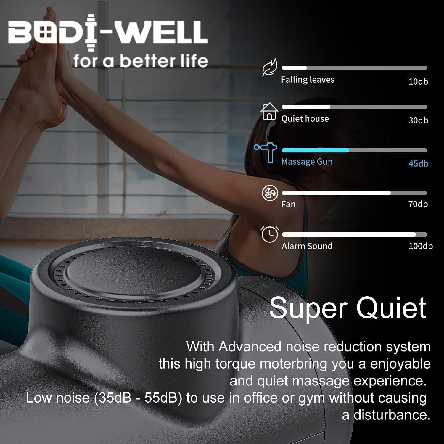 Communicates the product's quiet operation by comparing its noise level (35-55dB) to everyday sounds like falling leaves and quiet houses, reassuring shoppers it won't disturb their environment.…