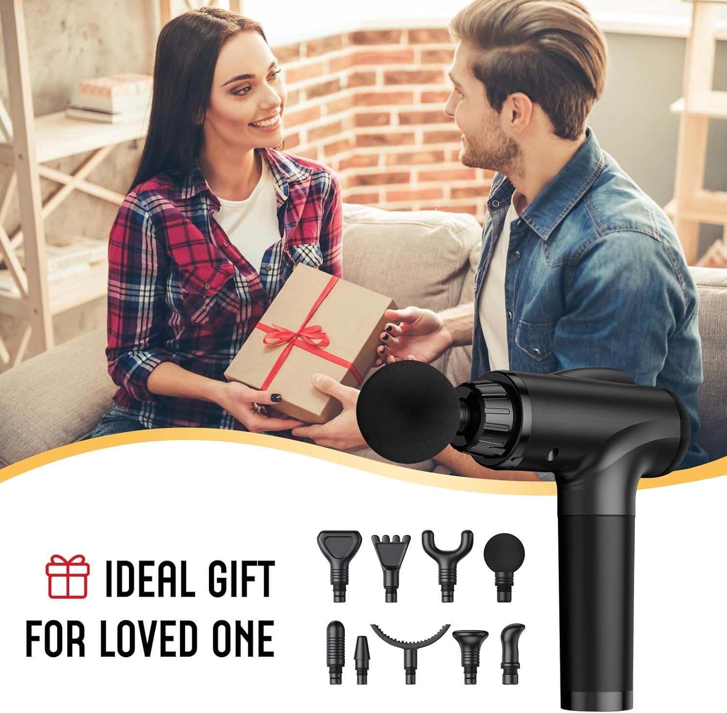 Positions the product as an ideal gift for loved ones, using lifestyle imagery of gift-giving and explicit 'IDEAL GIFT FOR LOVED ONE' messaging to drive seasonal and gifting purchases. Shows all the…