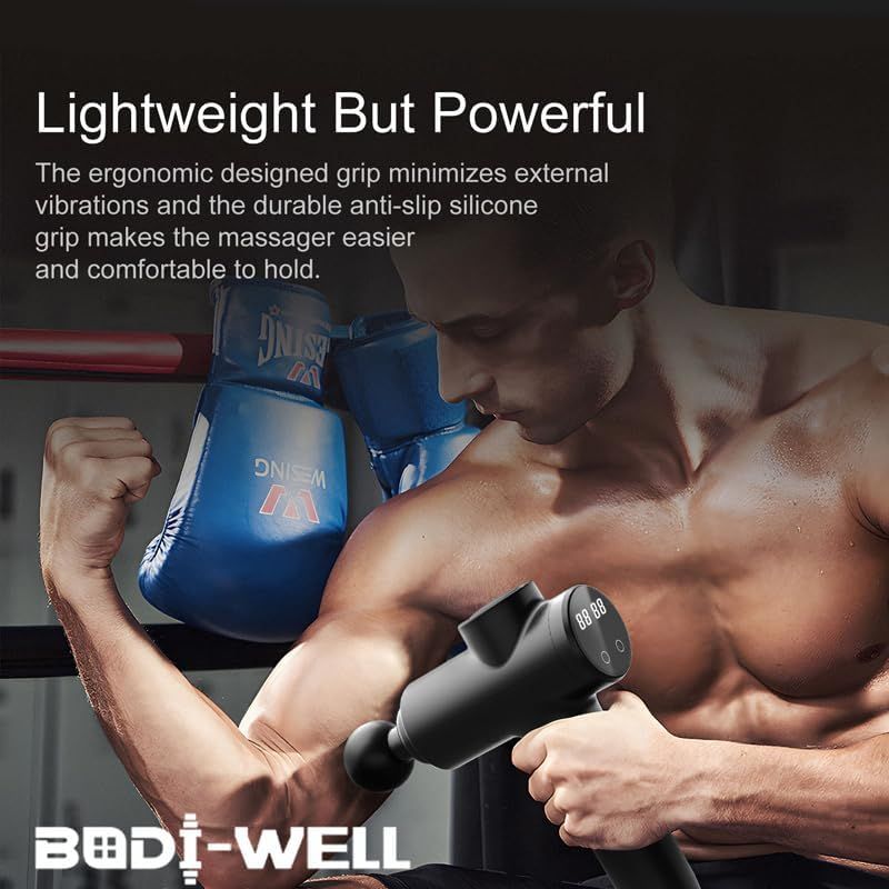 Communicates that the massager is lightweight yet powerful, with an ergonomic anti-slip grip that minimizes vibrations and makes it comfortable to hold during use.