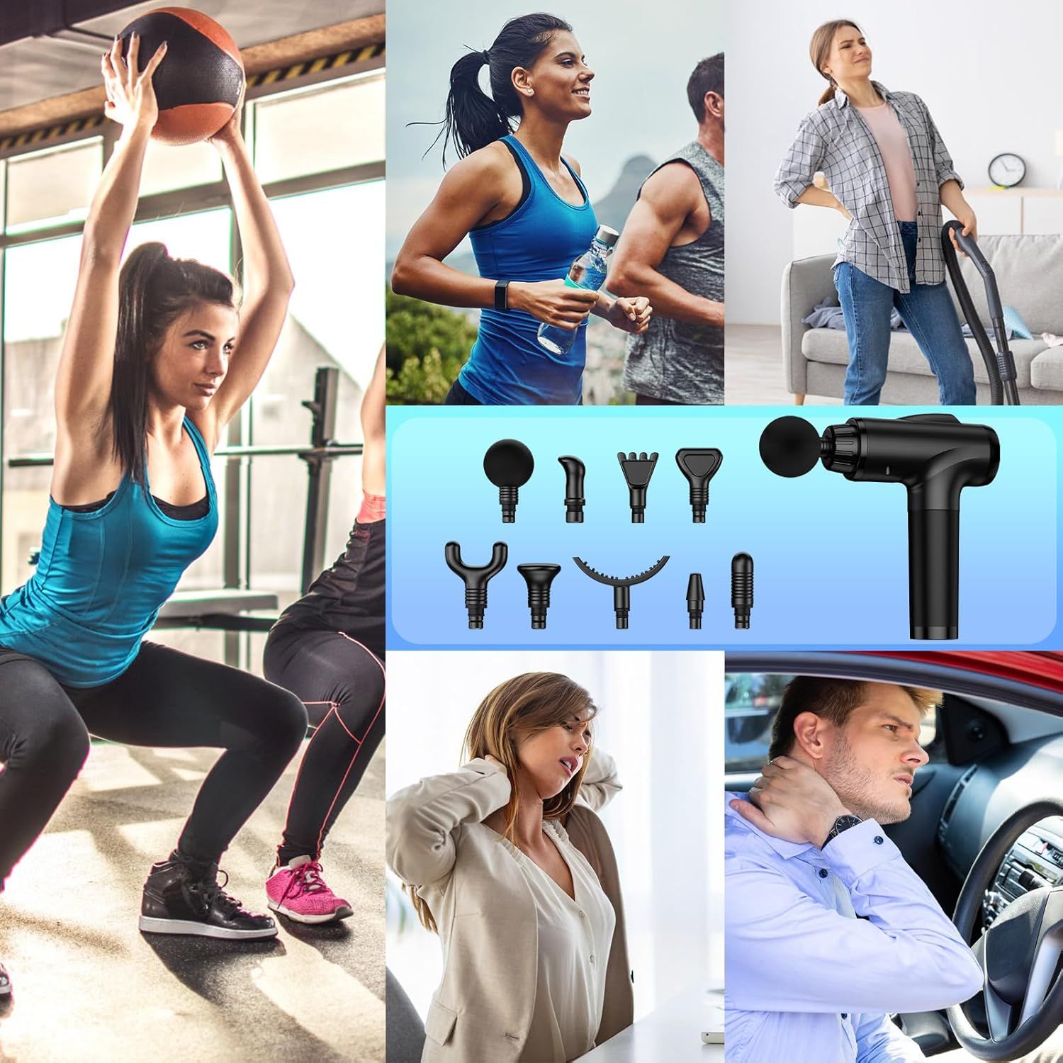 Demonstrates the massage gun's versatility by showing it can be used across multiple scenarios: gym workouts, outdoor running, home cleaning recovery, office work pain relief, and driving…