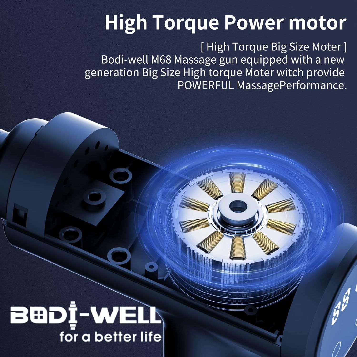 This image breaks down the internal motor component of the massage gun to showcase the high torque power motor technology, reassuring shoppers of the product's powerful performance capability.…