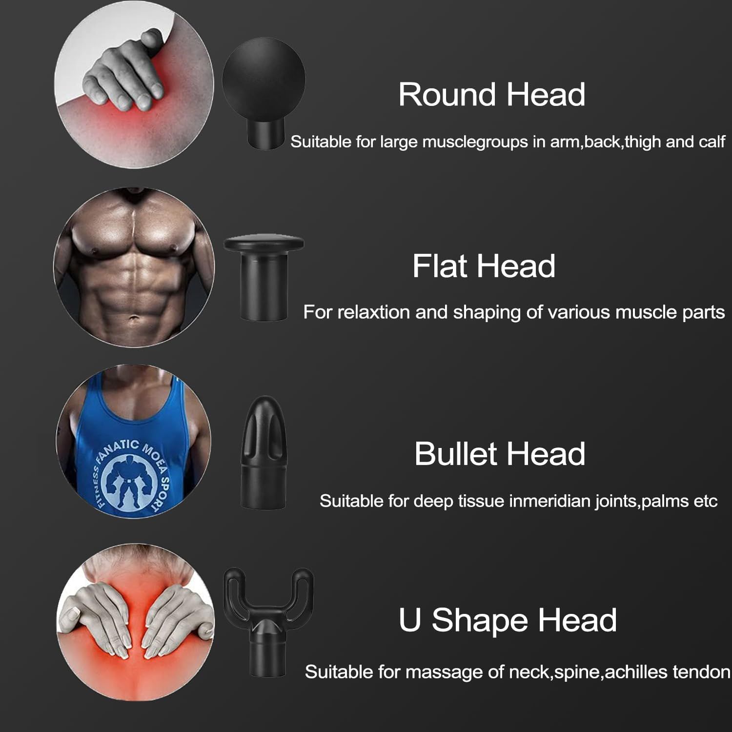 Demonstrates the multiple attachment options available with the massage device and explains which head type is suitable for which body areas and massage purposes.