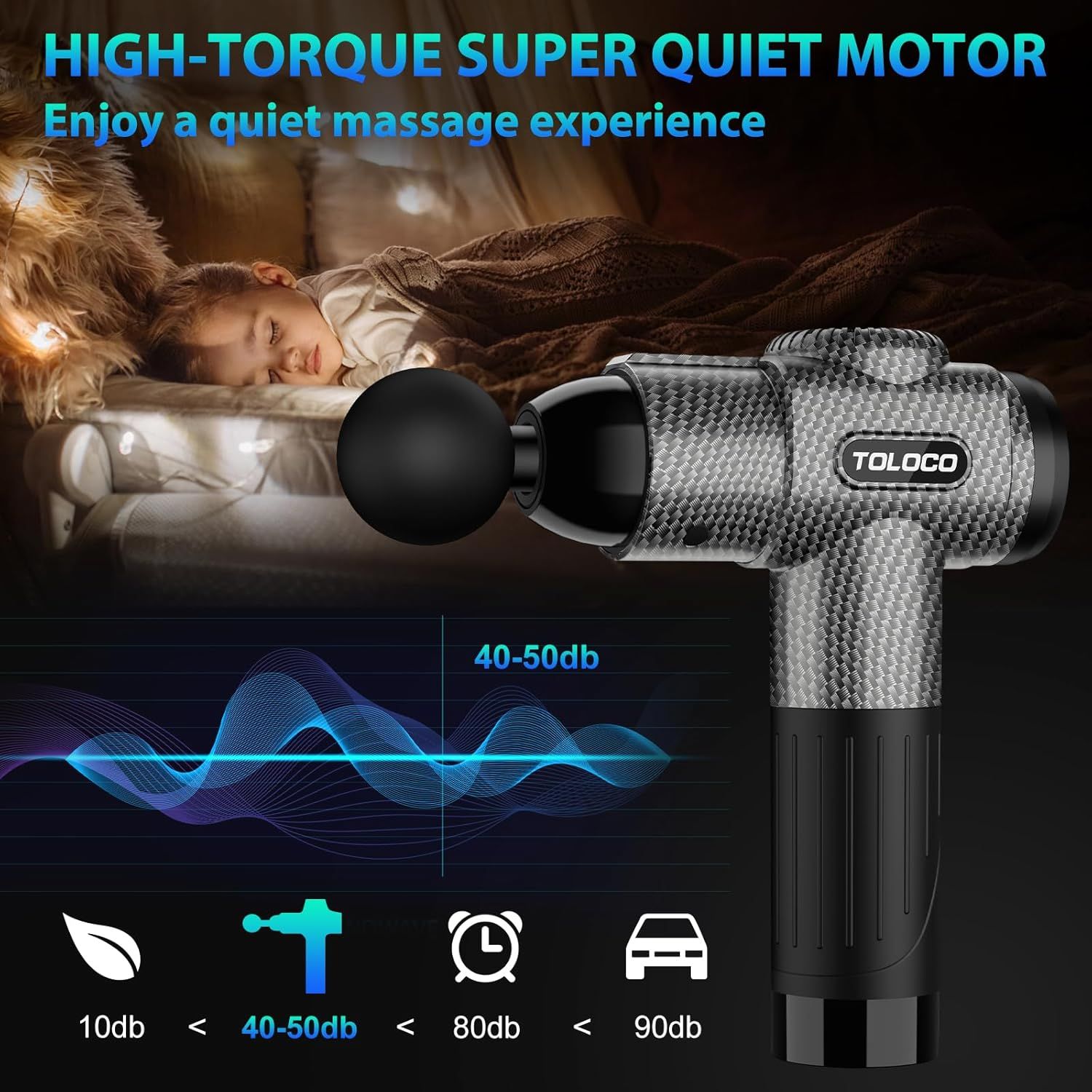 Communicates the massage gun's quiet operation at 40-50db, reassuring shoppers they can enjoy a peaceful massage experience without disturbing noise. Highlights the product's quiet motor technology…