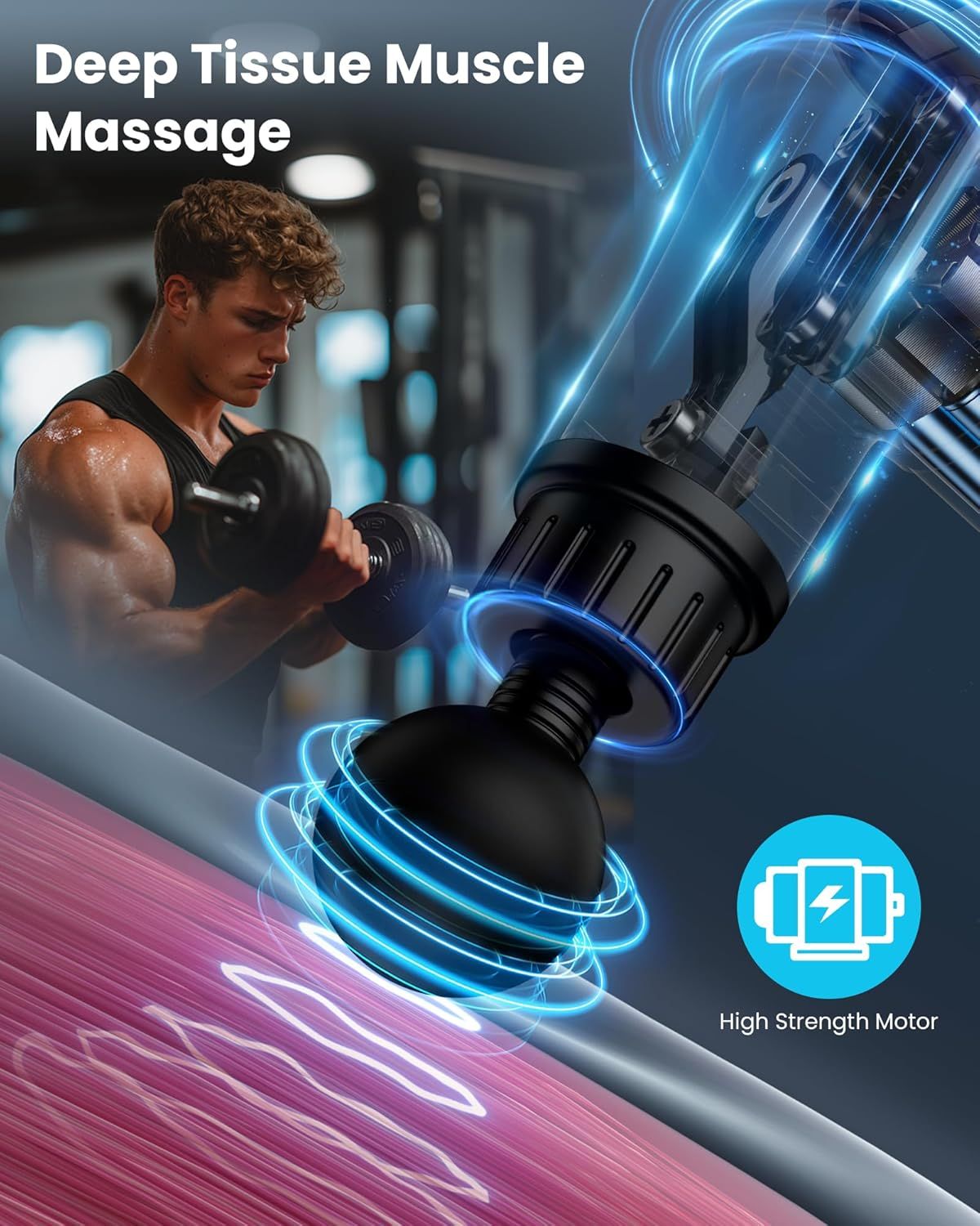 Communicates the product's primary benefit of delivering deep tissue muscle massage powered by a high-strength motor, appealing to fitness enthusiasts seeking muscle recovery.