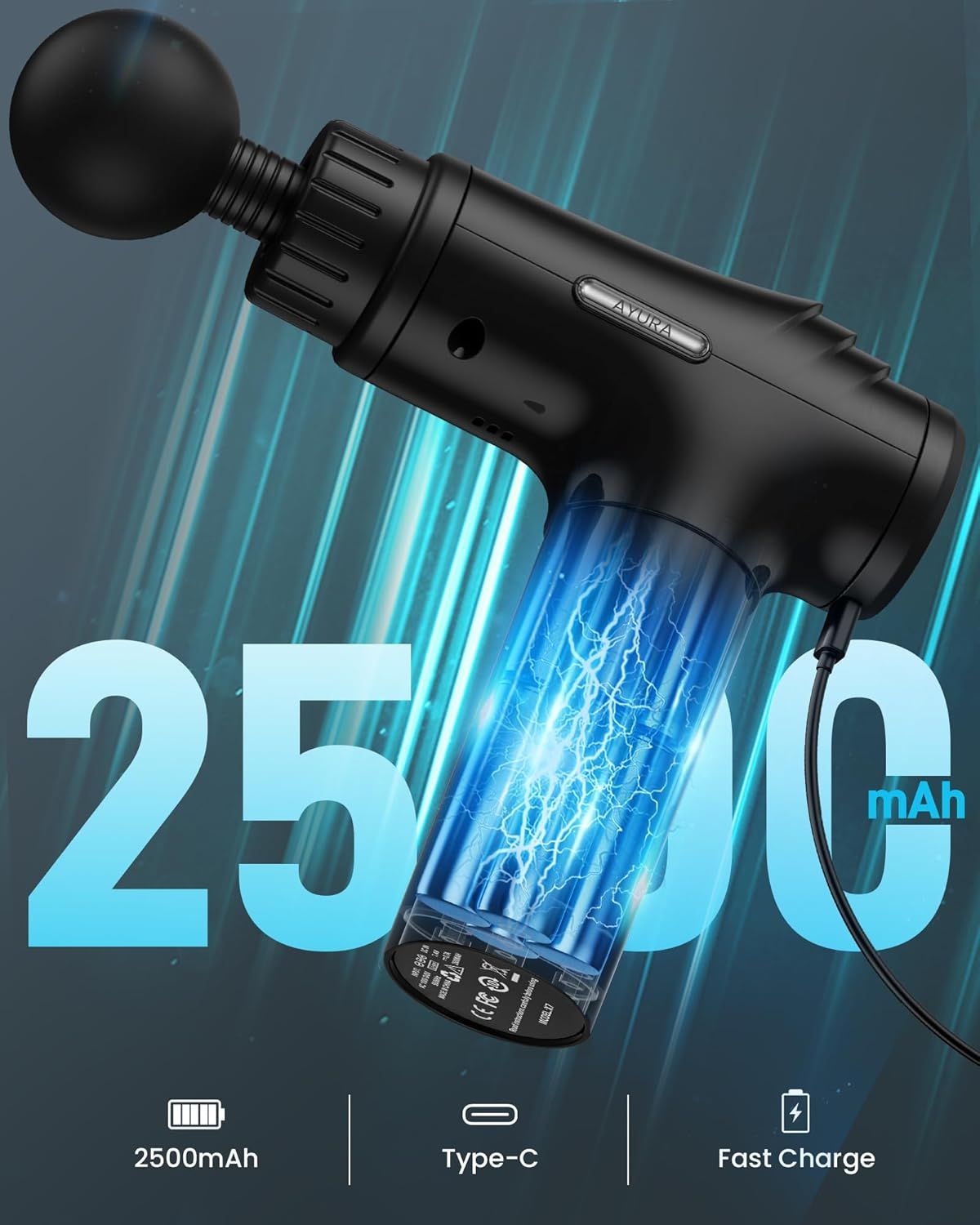 Highlights the battery capacity of 2500 mAh to communicate long runtime and reassure shoppers about extended use between charges. Communicates the key benefit of extended battery life with…