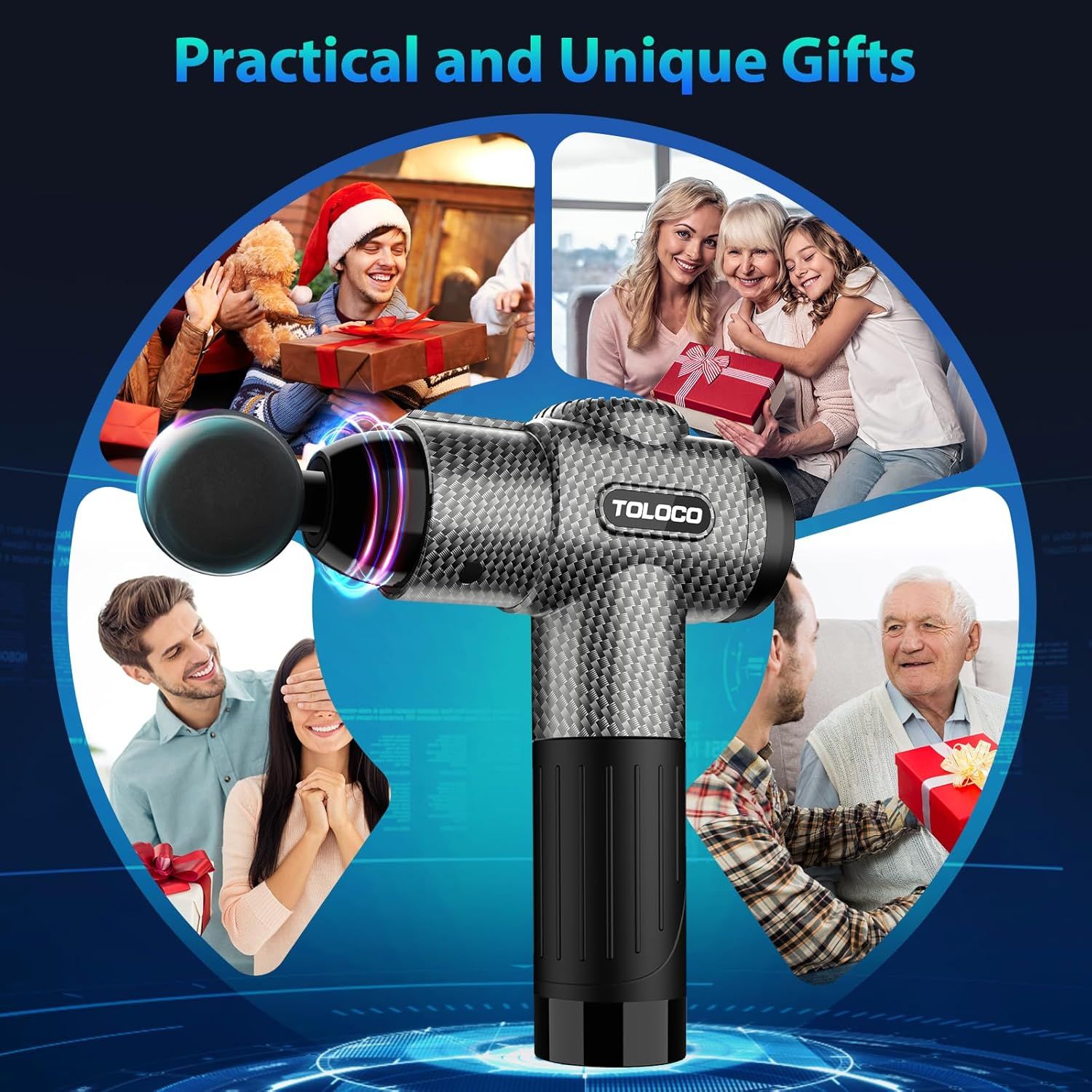 Positions the massage gun as a practical and unique gift for various recipients across different occasions, emphasizing its versatility as a holiday or special occasion present.