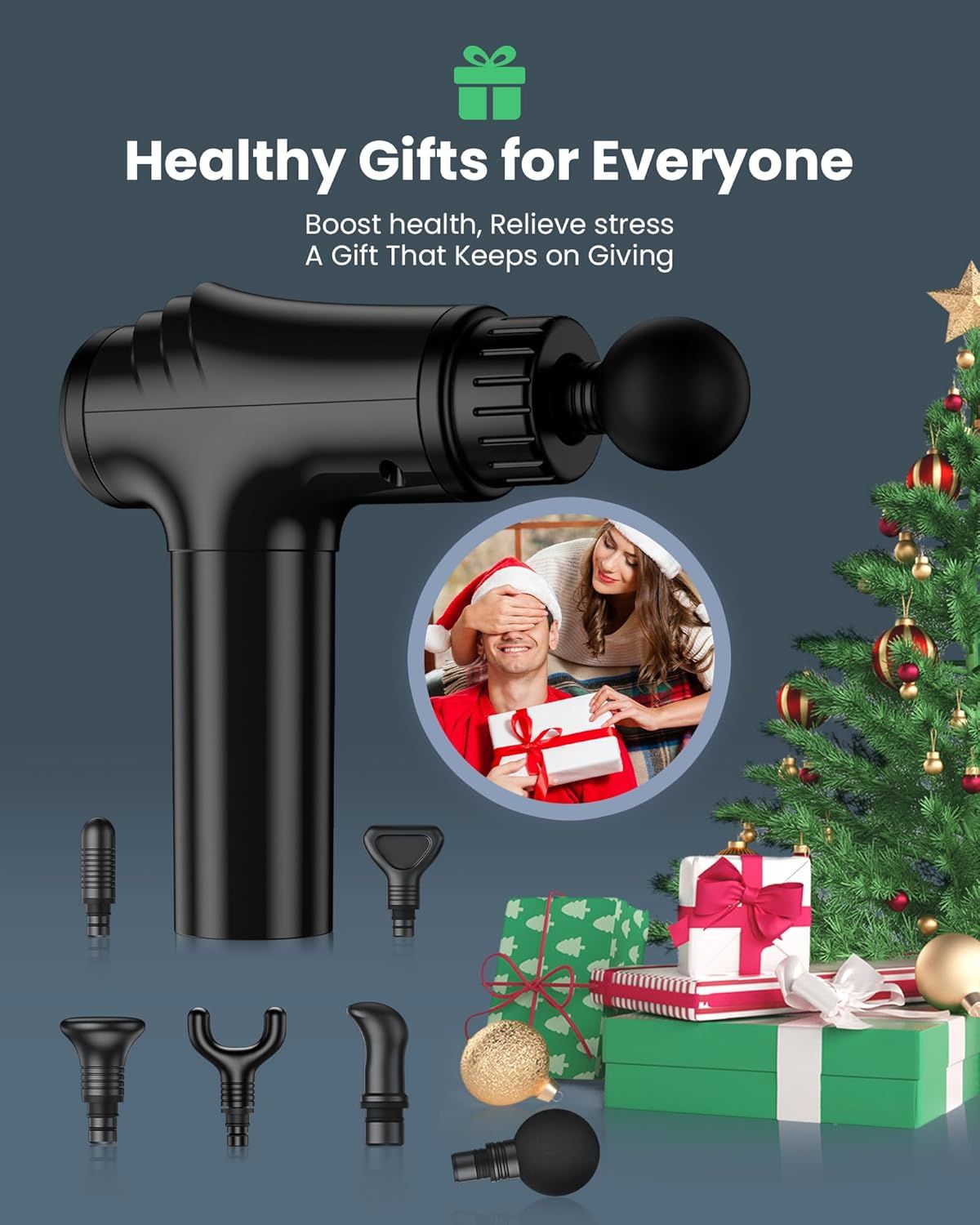 Positions the massage gun as a perfect holiday gift for health and wellness, leveraging seasonal cues like Christmas tree, ornaments, gift boxes, and Santa hats to drive gifting intent. Shows all…