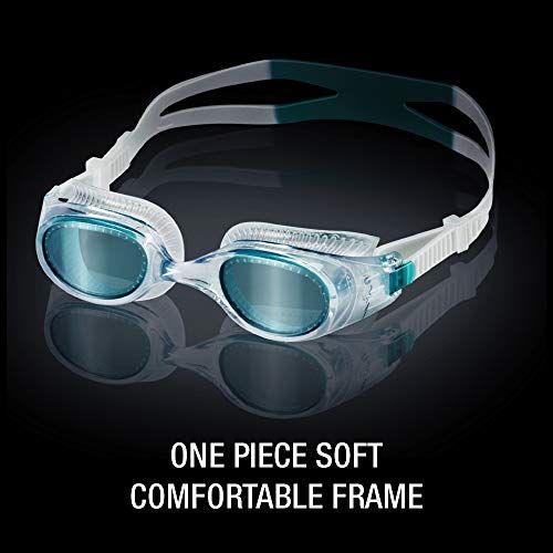 Highlights the one-piece soft comfortable frame design to reassure shoppers that the goggles will be comfortable to wear during swimming.