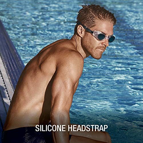 Highlights the silicone headstrap component of the swimming goggles to communicate the specific material and design feature of this part. Communicates the comfort and quality benefit of the silicone…