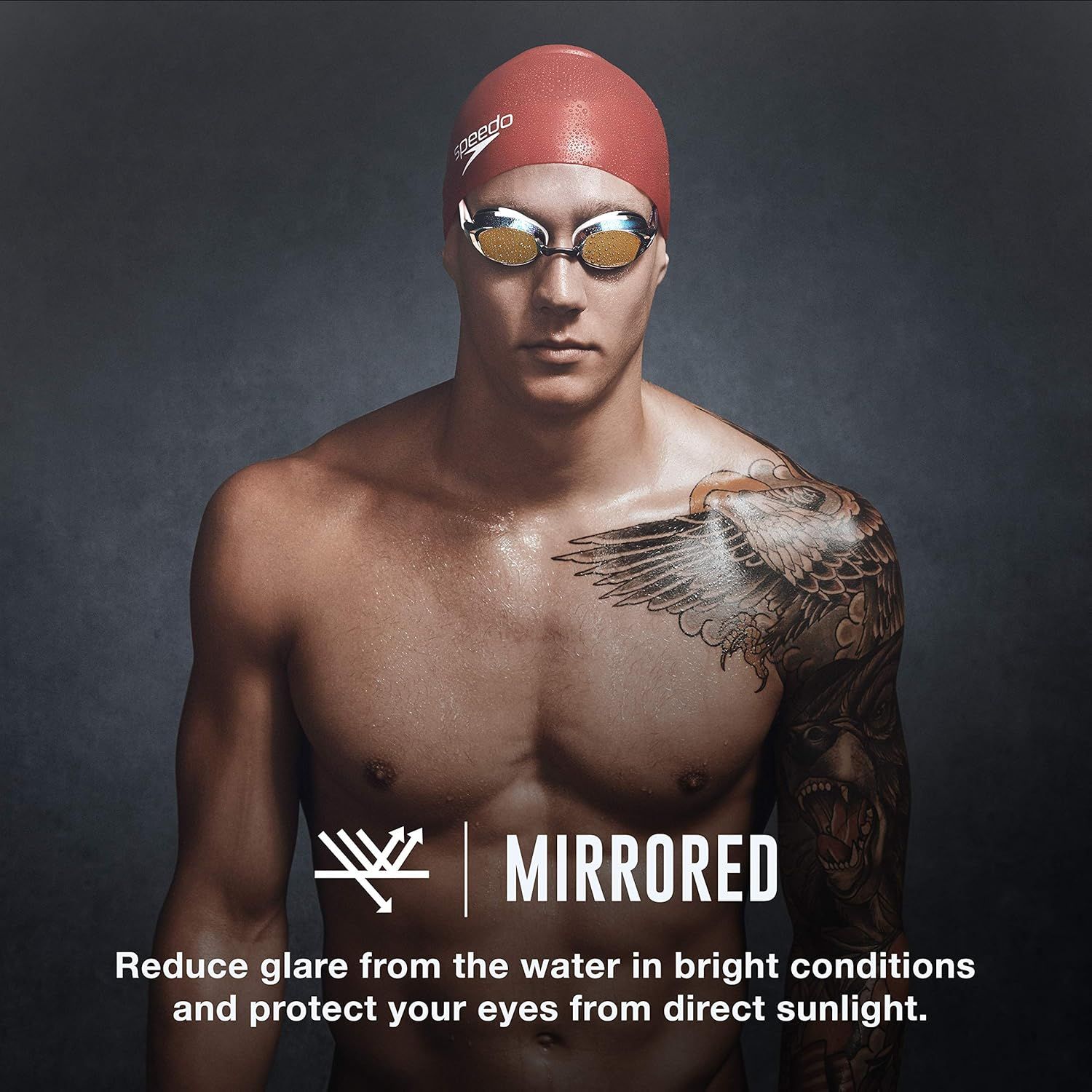 Highlights the mirrored lens feature of the swimming goggles to communicate glare reduction and eye protection benefits in bright outdoor swimming conditions.