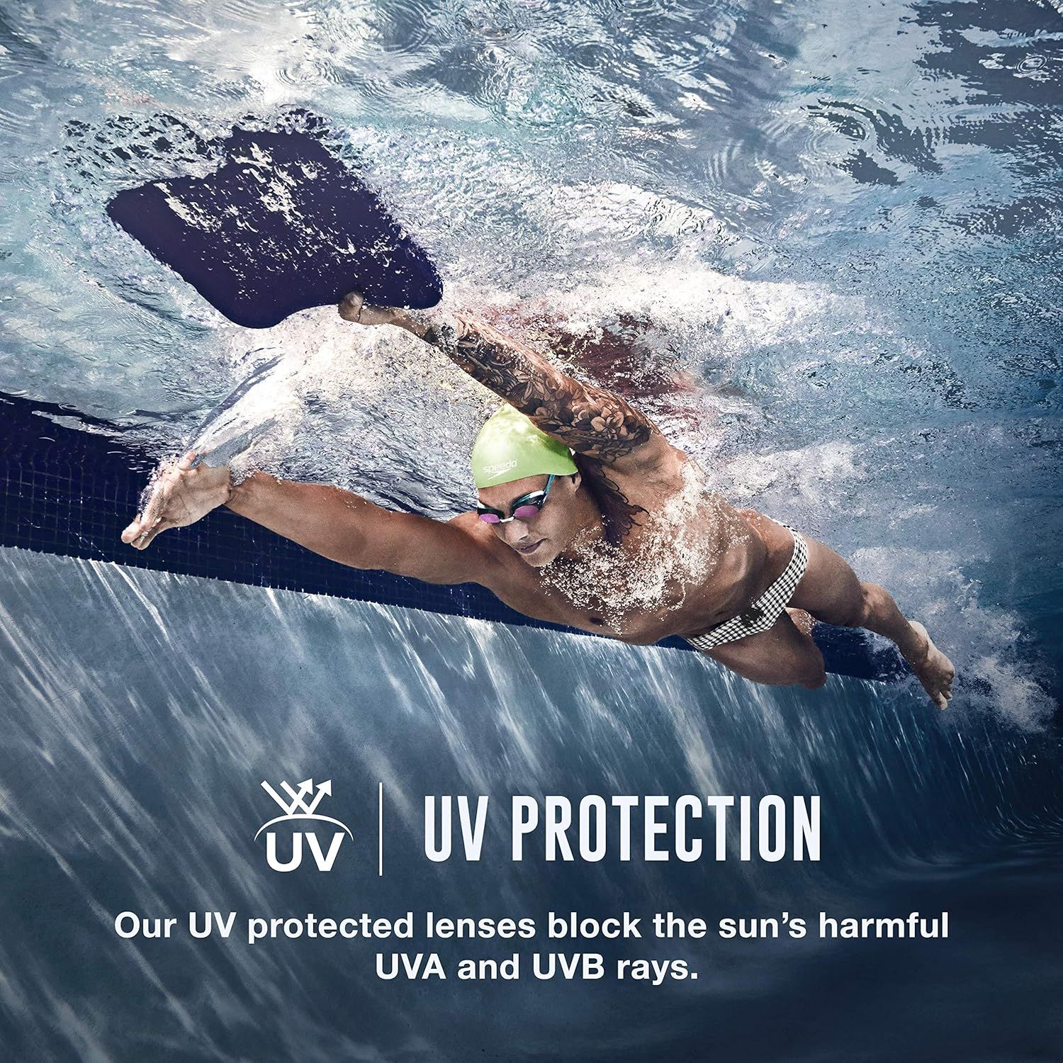 Communicates that the product's lenses provide UV protection by blocking harmful UVA and UVB rays, reassuring shoppers about eye safety during water activities.