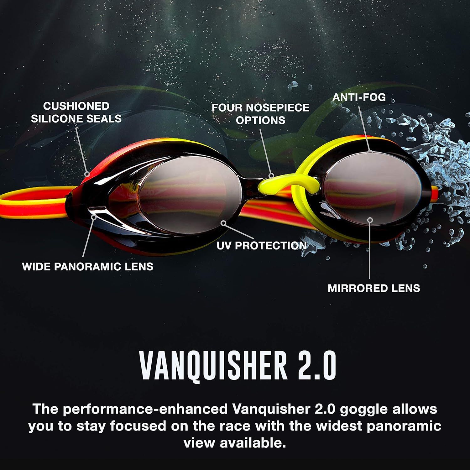 This image breaks down the swim goggles by labeling and pointing to key physical components and features, helping shoppers understand the product's construction and technical specifications.