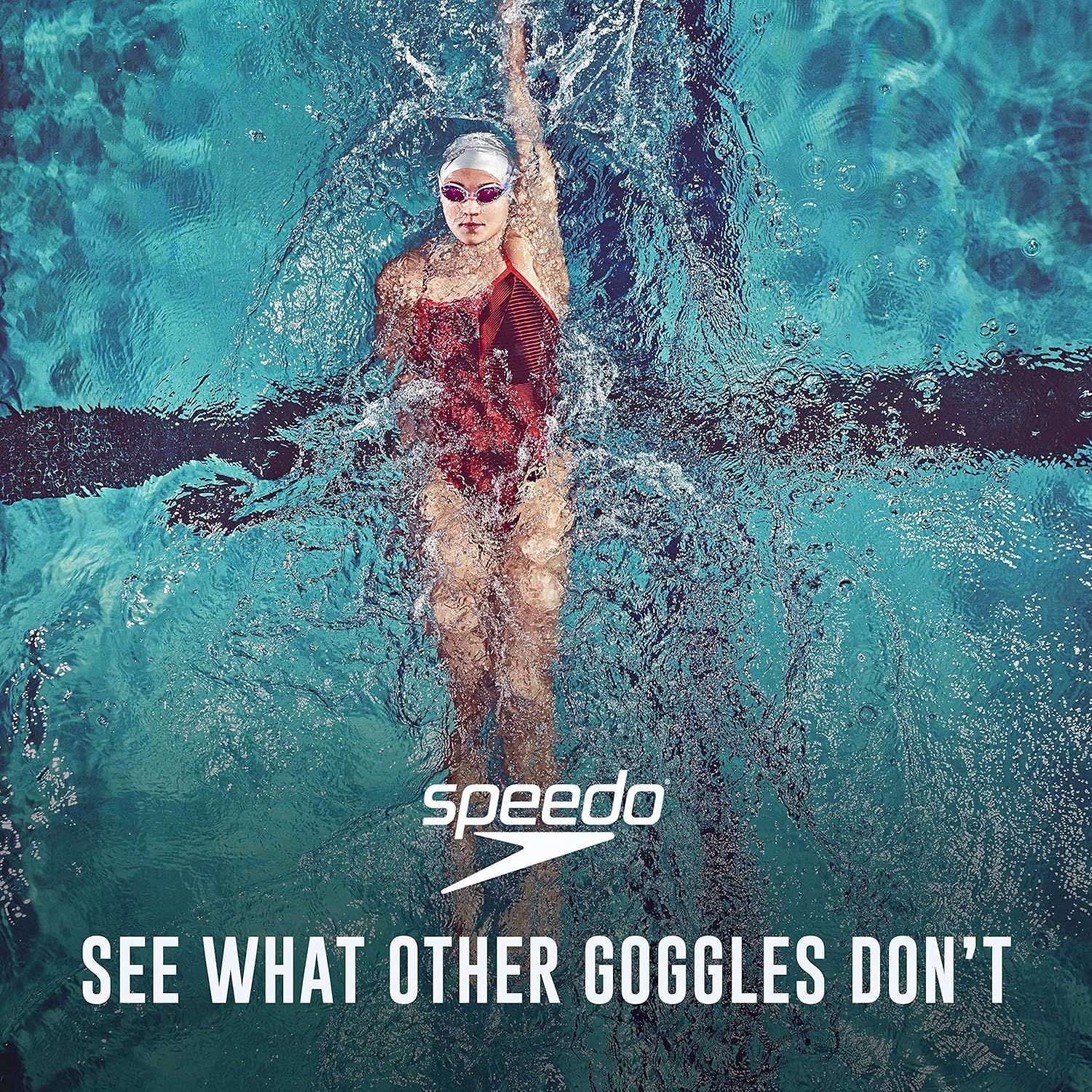 This image communicates Speedo's brand identity and positions their goggles as superior to competitors, emphasizing enhanced underwater visibility and performance.