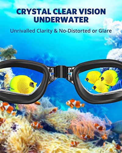 Communicates the goggles' primary benefit of providing unrivaled clarity and distortion-free underwater vision, reassuring shoppers of superior optical performance.