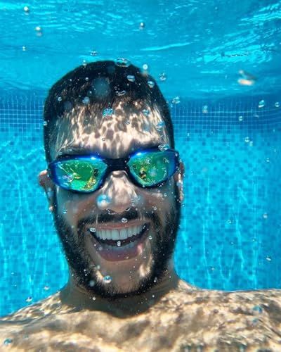 Demonstrates the product (goggles) in real-world use underwater, showing it functions effectively in a pool environment.
