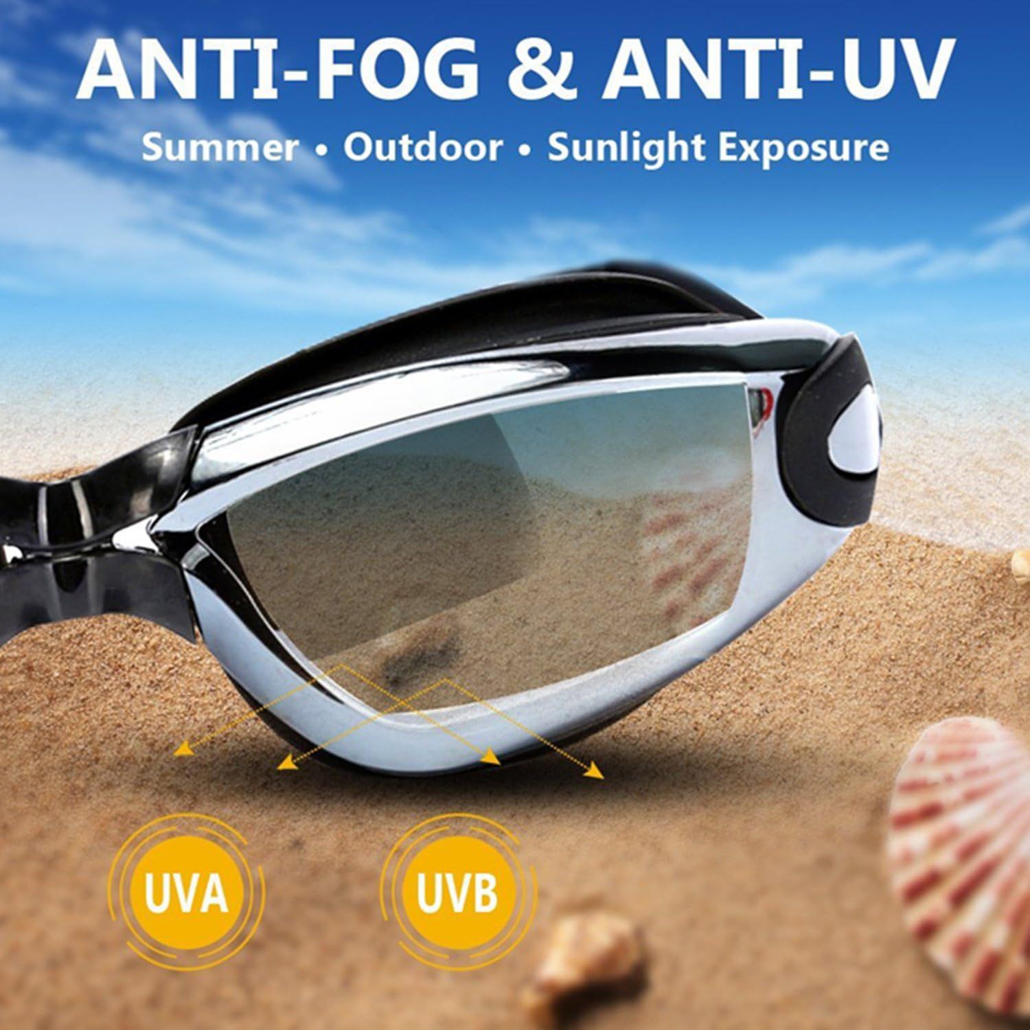 Highlights the goggles' anti-fog and anti-UV protection features, reassuring shoppers that the product is ideal for summer outdoor activities and sunlight exposure.