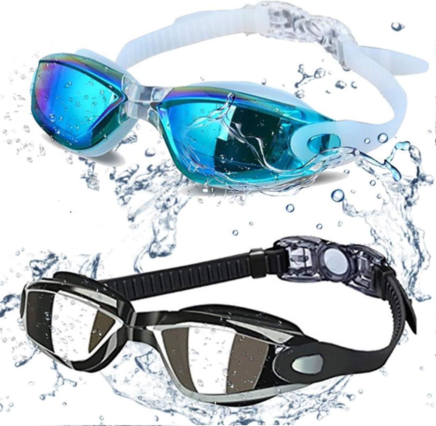 Demonstrates the waterproof capability of the swimming goggles by showing them surrounded by water splashes, reassuring shoppers they can be used confidently in water.