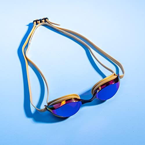 Provides a clean, catalog-style view of the swimming goggles on a plain background to show the product design, mirrored lenses, and strap configuration without distractions.