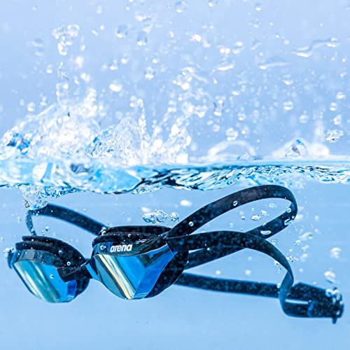 Demonstrates the product's waterproof capability by showing the goggles submerged in water with splashing, reassuring shoppers that the product is designed for aquatic use and can withstand water…