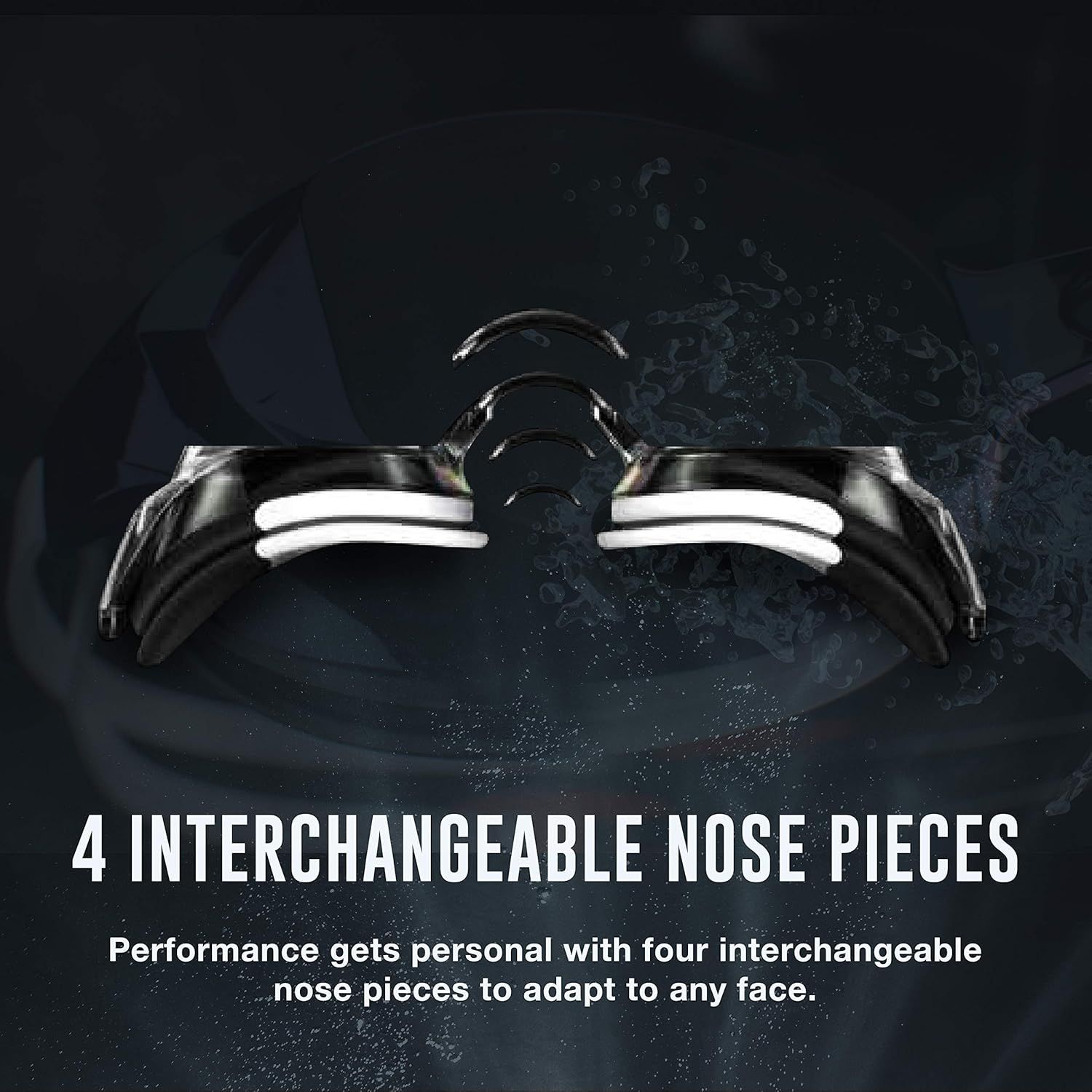 Highlights the product's customizable fit feature with four interchangeable nose pieces, reassuring shoppers that the goggles can adapt to any face shape for personalized comfort.
