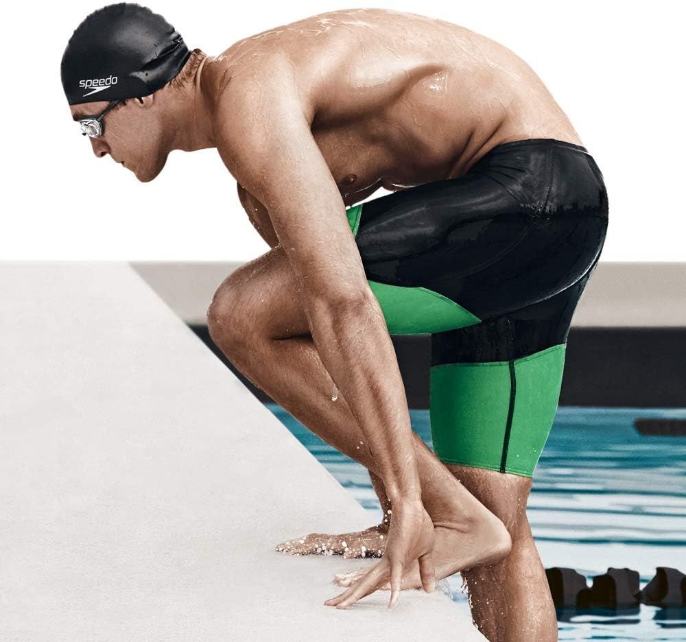 Showcases the product in an authentic competitive swimming context to help shoppers visualize the swimwear's performance and fit during athletic use.