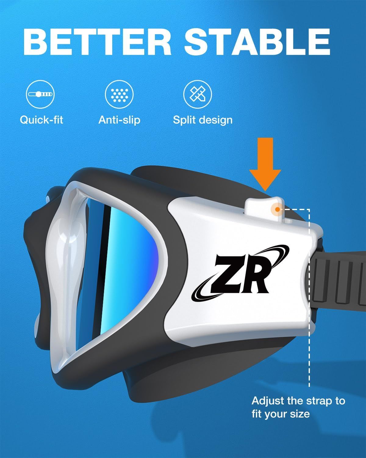 Communicates multiple stability and comfort features of the VR headset to reassure shoppers that it offers a secure, customizable fit.