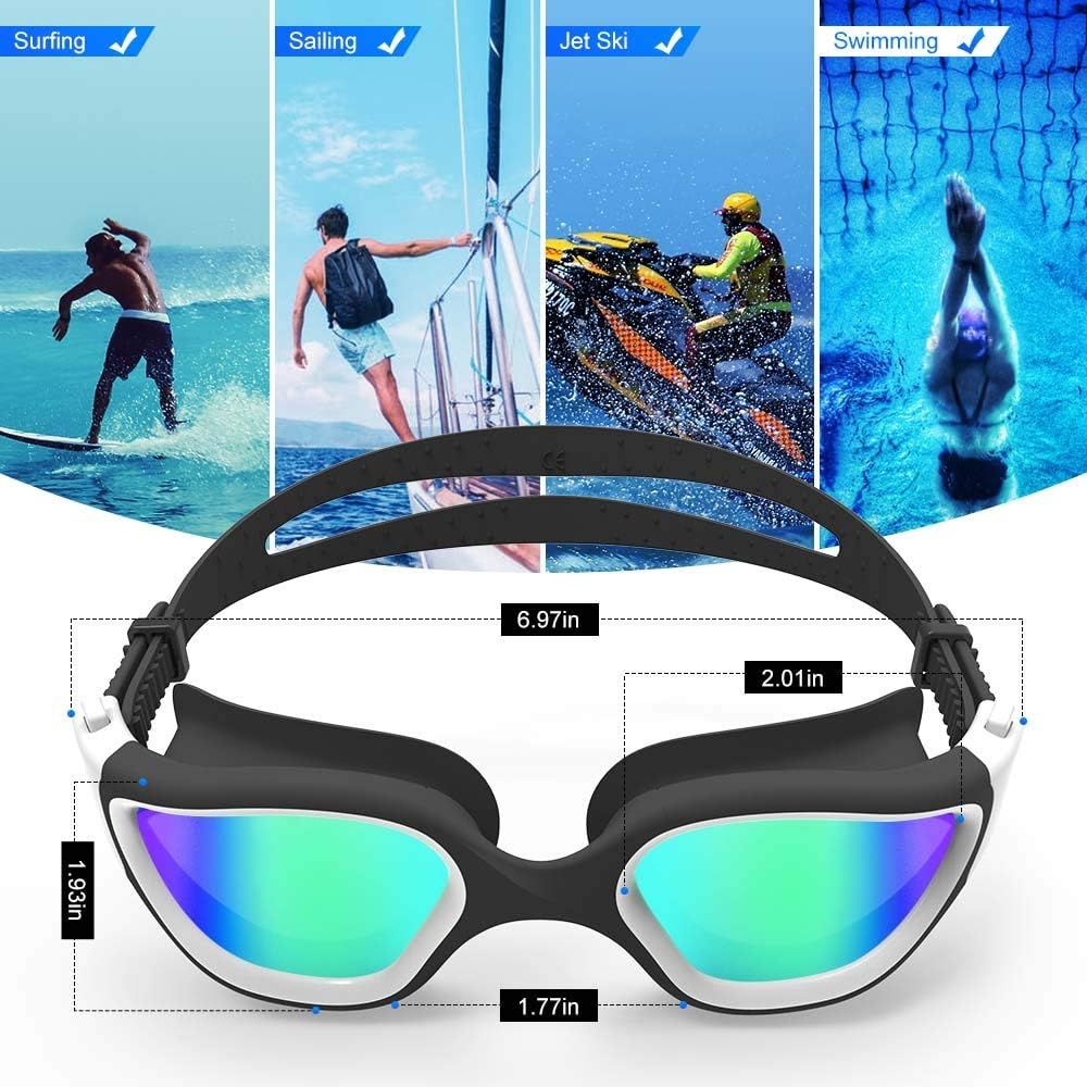 Communicates the exact physical measurements of the swim goggles (width, height, strap length) to help shoppers understand the size and fit of the product. Demonstrates the versatility of the…