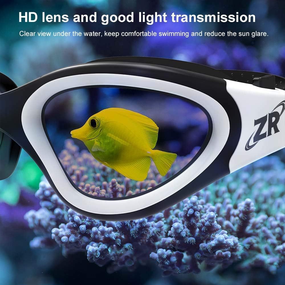 Highlights the swim goggles' HD lens quality and light transmission to reassure shoppers that they will have clear vision underwater while reducing sun glare.
