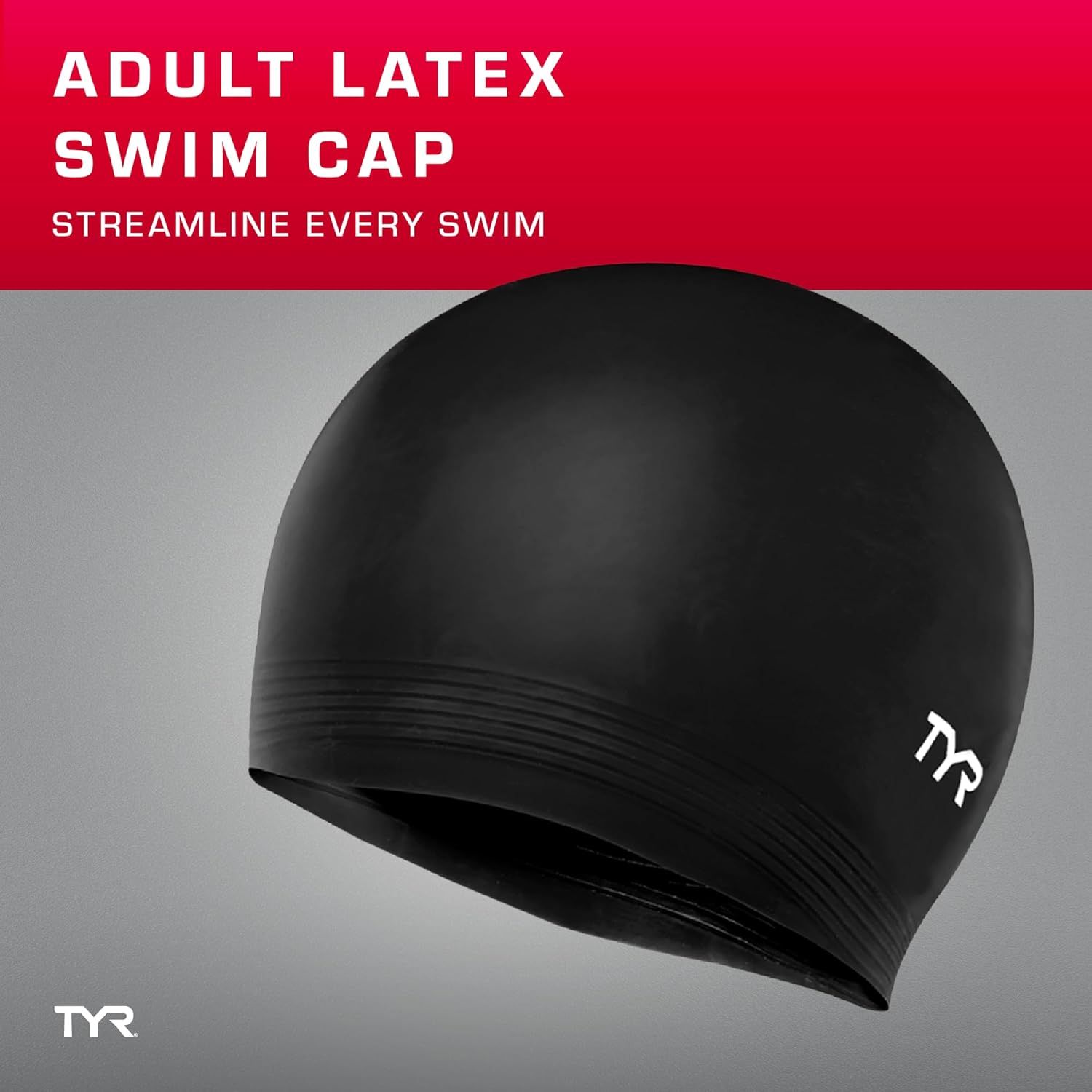 Communicates that the latex swim cap provides a streamlined fit to improve swimming performance and reduce drag in the water.