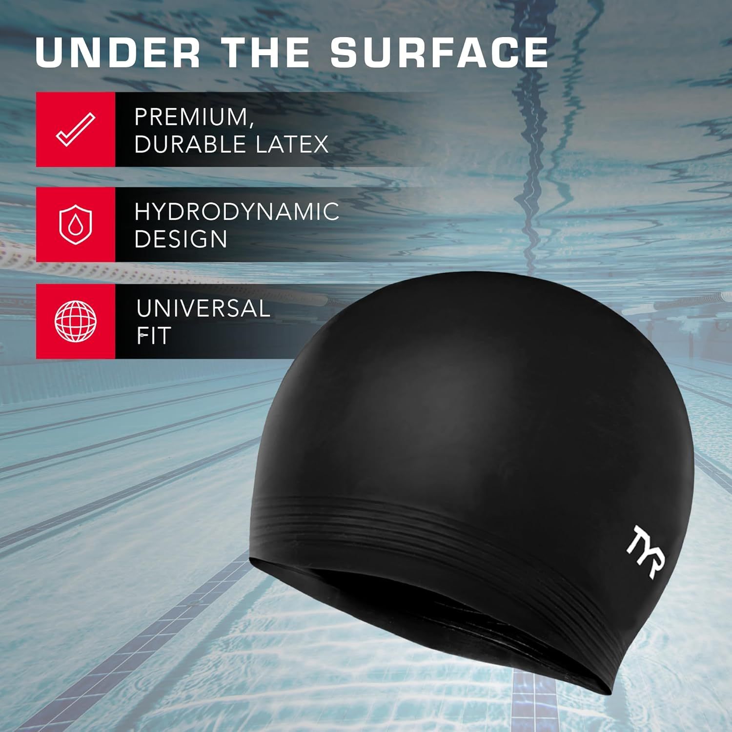 Highlights three distinct selling benefits of the swim cap in a segmented layout to communicate material quality, performance design, and versatile sizing.