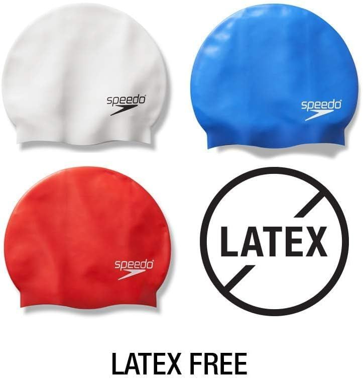 Displays the available color options for the Speedo swim cap product line, helping shoppers choose their preferred variant. Reassures shoppers that the swim caps are latex-free, addressing safety…