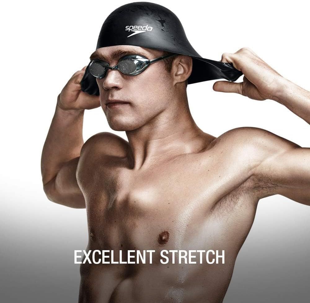Communicates that the swim cap has excellent stretch and flexibility, demonstrating comfort and ease of fit for swimmers.