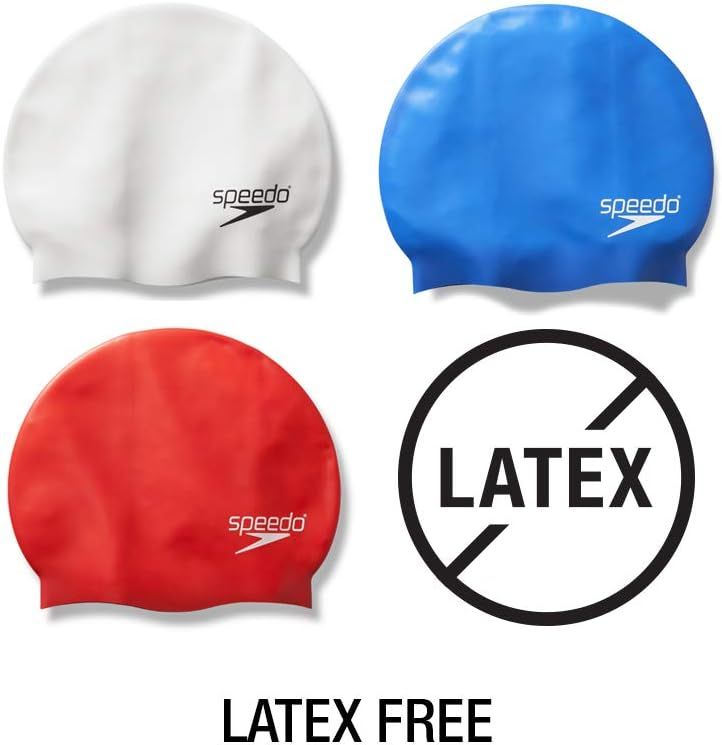 Shows the available color options for the Speedo swim cap product line, helping shoppers choose their preferred variant. Communicates that the swim caps are latex-free, reassuring shoppers with…