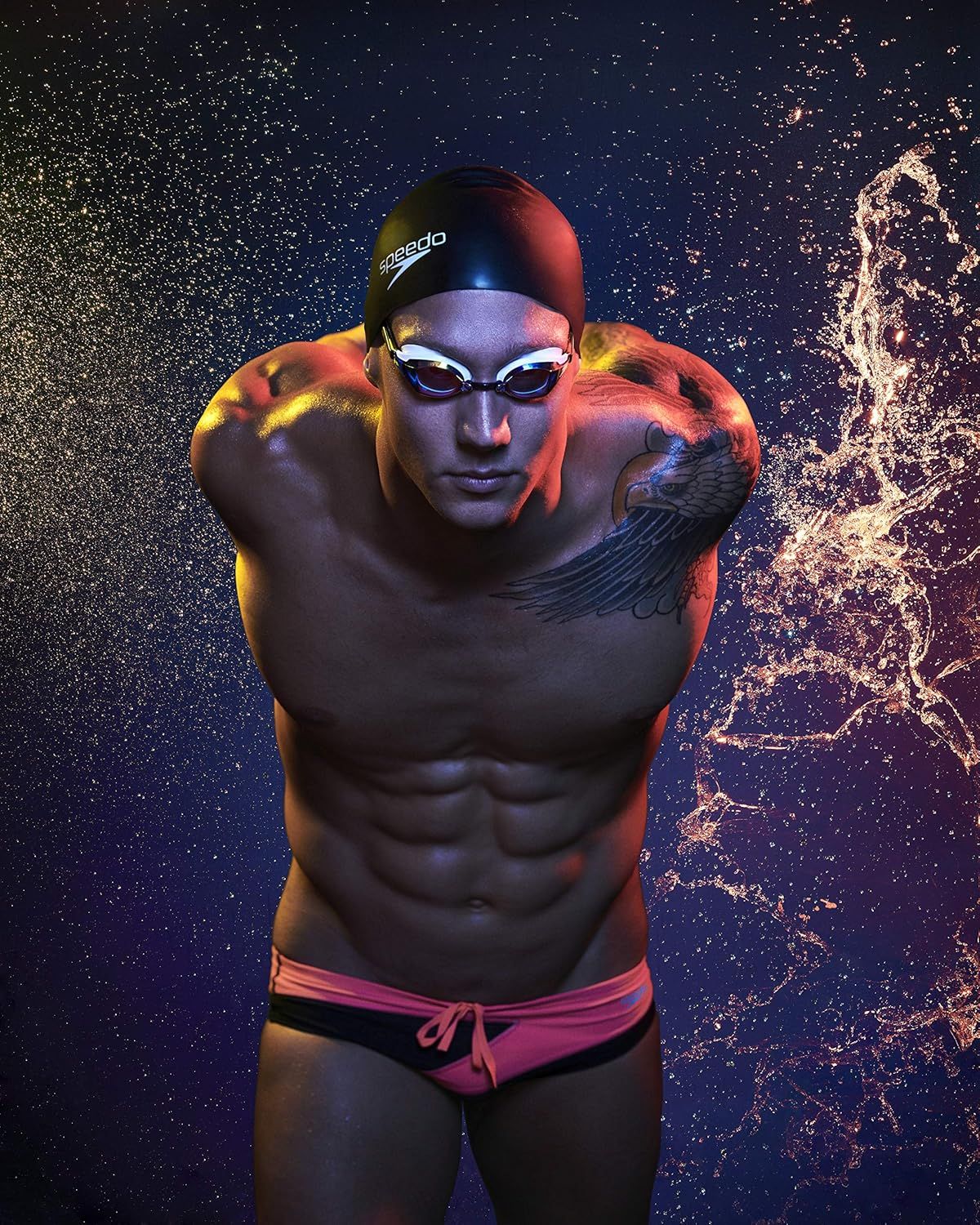 Communicates the Speedo brand identity through dramatic, professional photography that emphasizes athletic performance and competitive swimming lifestyle.