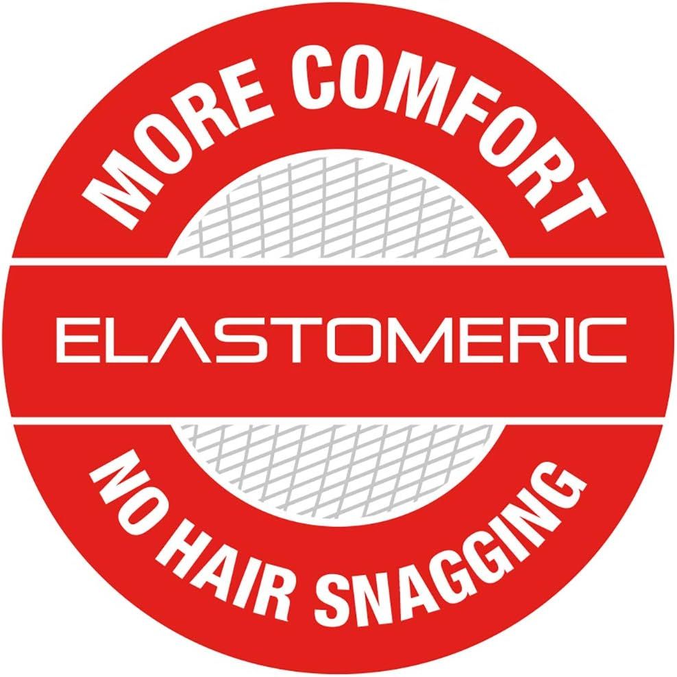 Communicates that the product is made with elastomeric material that provides comfort and prevents hair from getting caught or snagged.