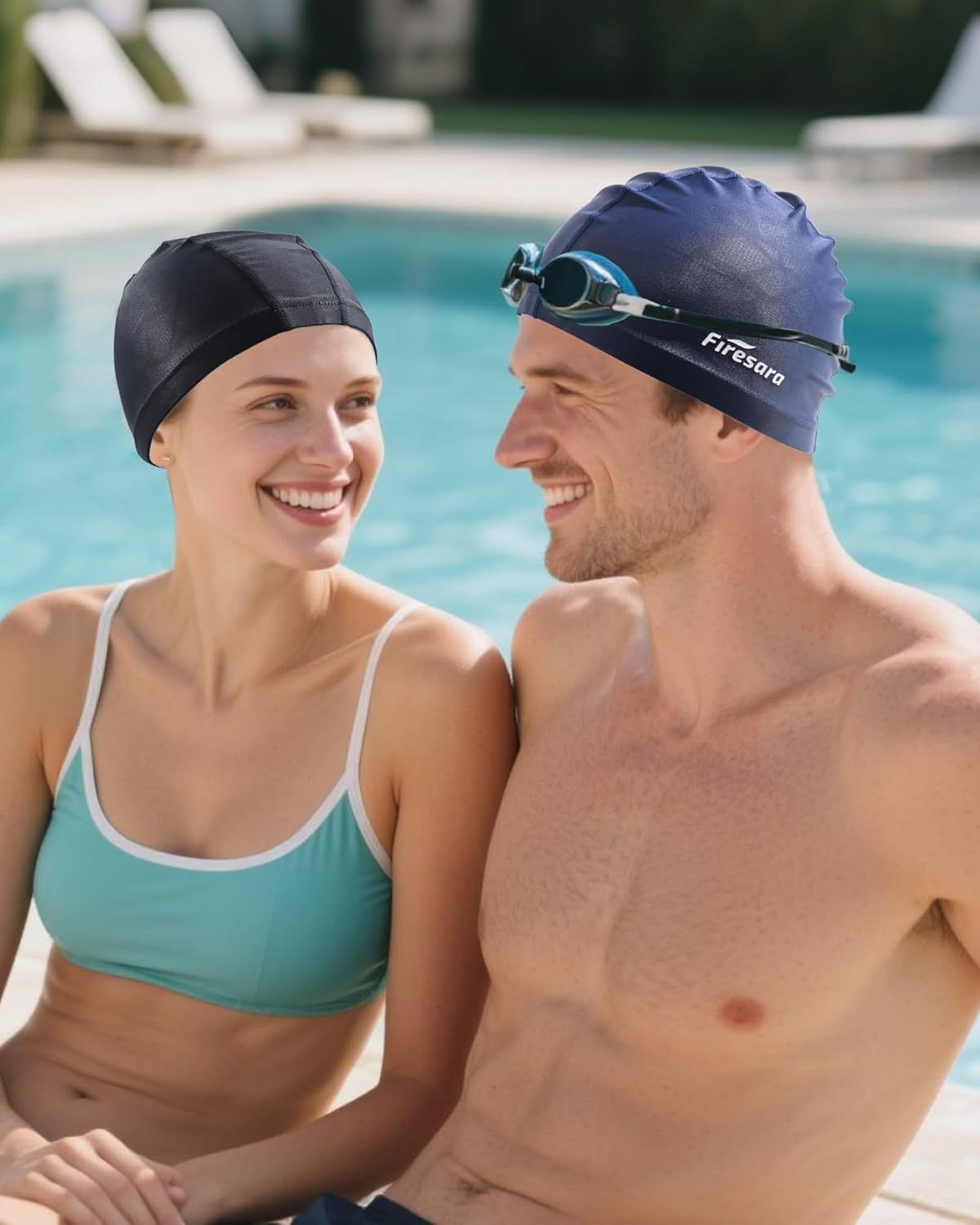 Shows the swim caps being worn by happy users in a natural poolside setting to help shoppers visualize the product in use and create an emotional connection.